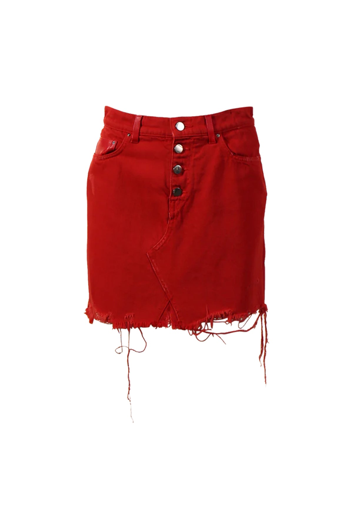 AMIRI | RED LEATHER AND DENIM FRINGE SKIRT