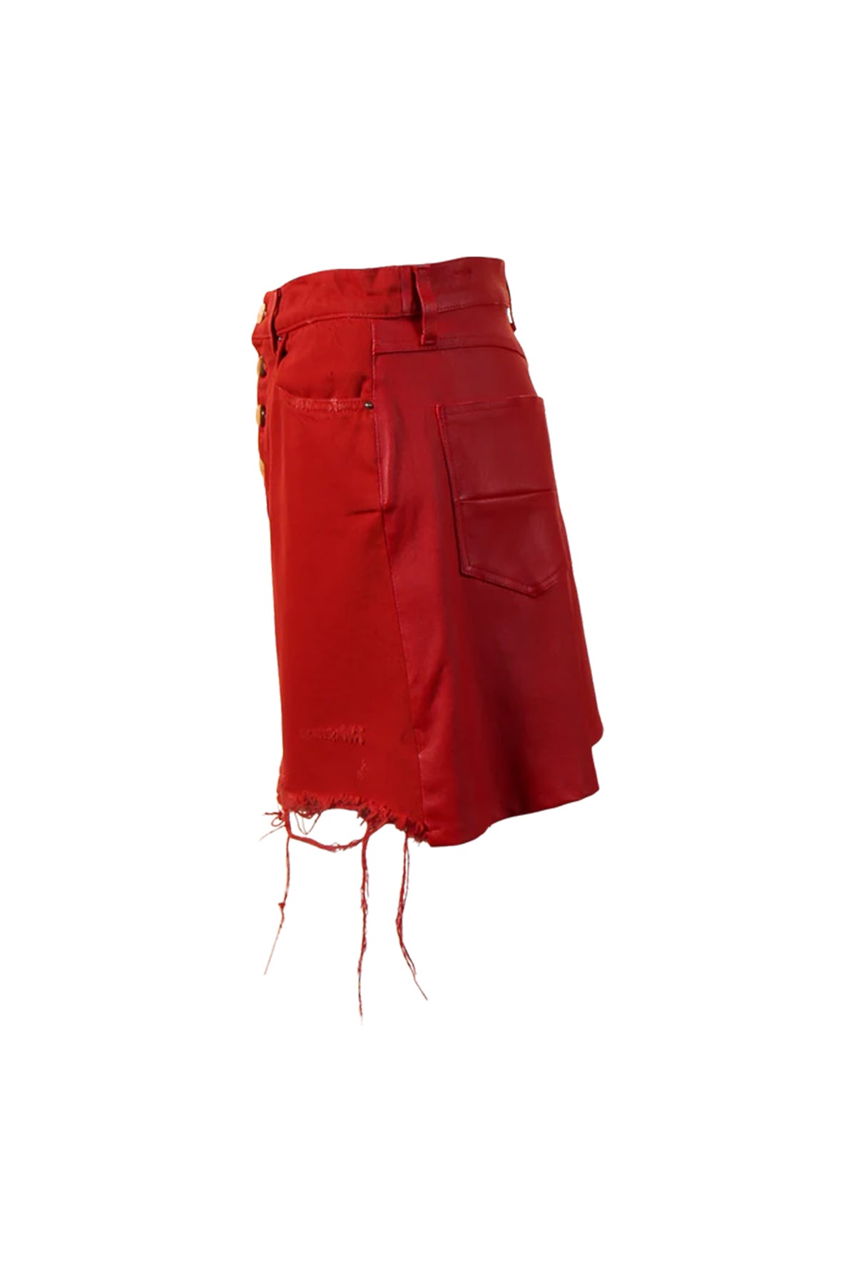 AMIRI | RED LEATHER AND DENIM FRINGE SKIRT