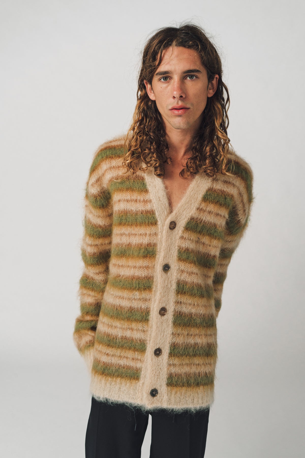 MARNI | CAMEL STRIPED MOHAIR CARDIGAN