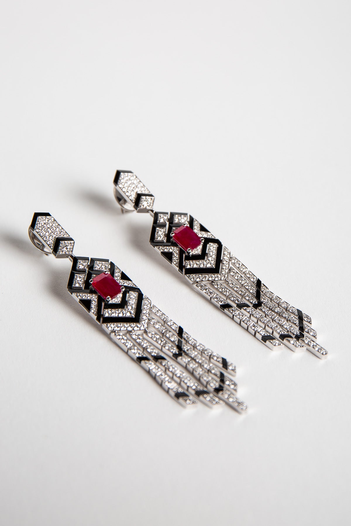 STEFERE | WHITE GOLD, RUBY, ONYX, & DIAMOND EARRINGS