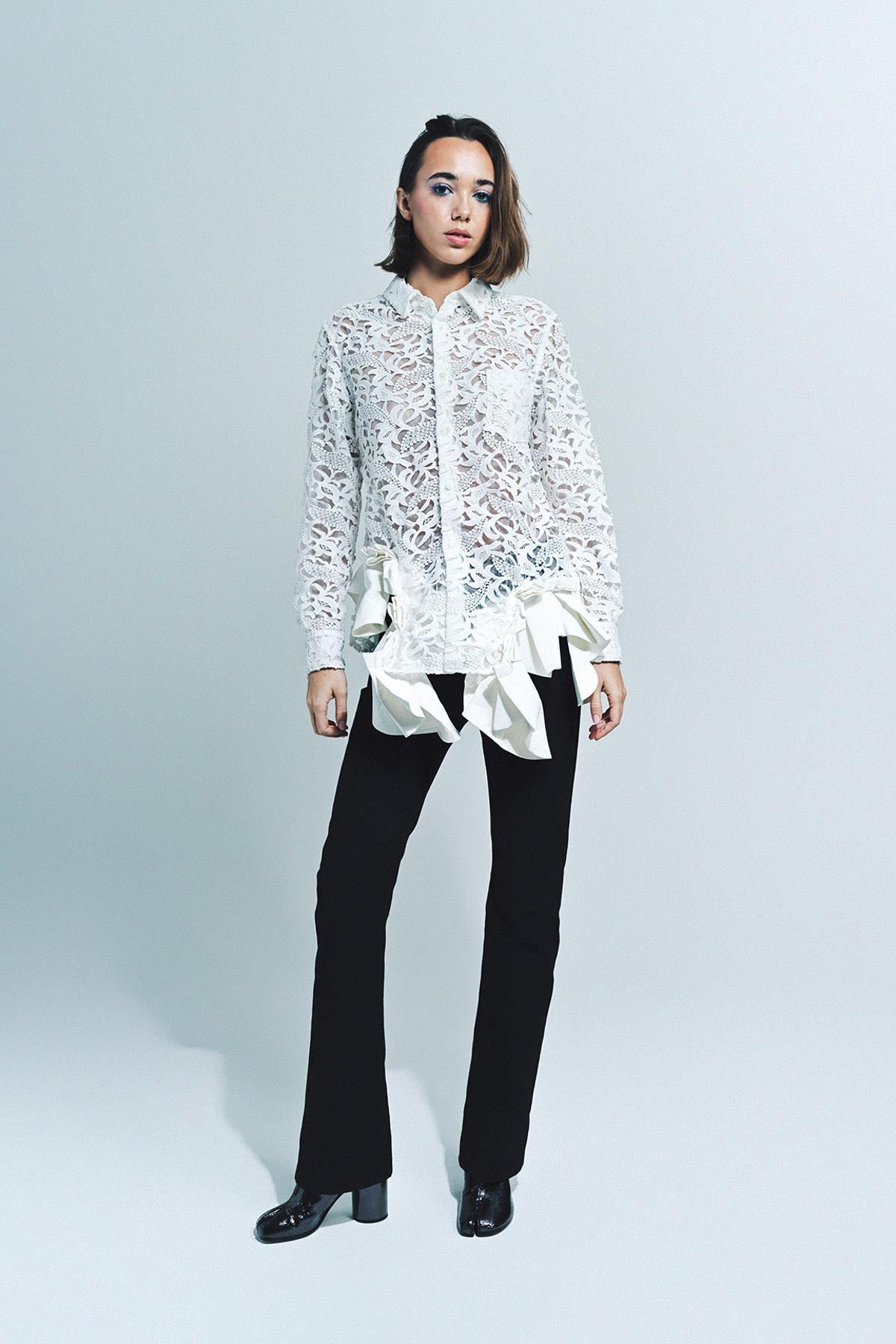 COMME DES GARCONS | LACE & FAUX LEATHER LONG SLEEVE SHIRT