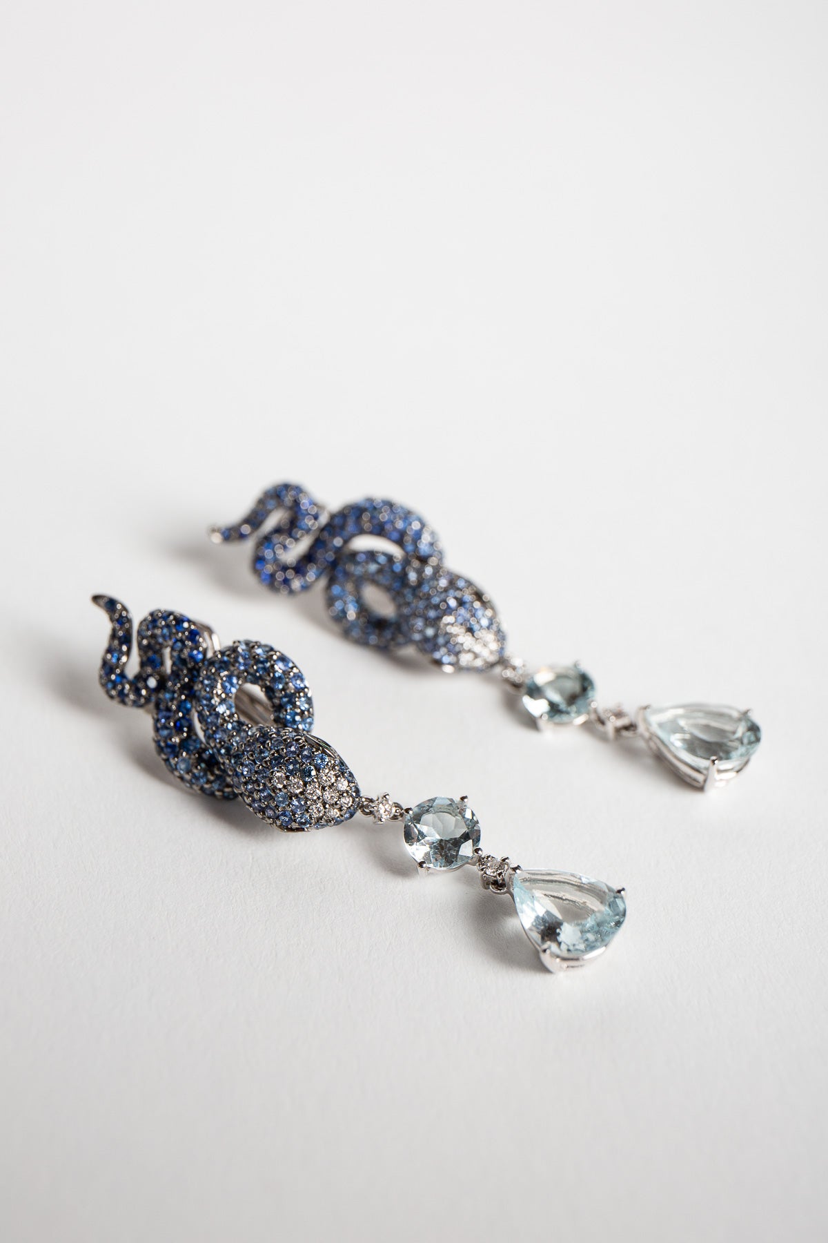 STEFERE | WHITE GOLD, DIAMOND, BLUE SAPPHIRE, & AQUAMARINE SNAKE EARRINGS