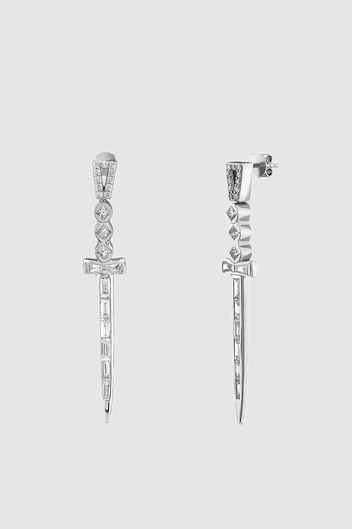 BEE GODDESS | 18K WHITE GOLD DIAMOND SWORD EARRINGS