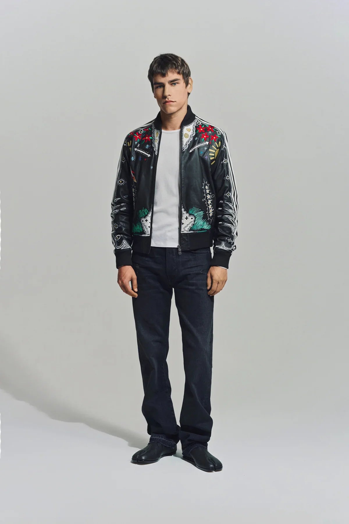 CACTUS PLANT FLEA MARKET x ADIDAS | 2000s CUSTOM EMBROIDERED BLACK LEATHER JACKET