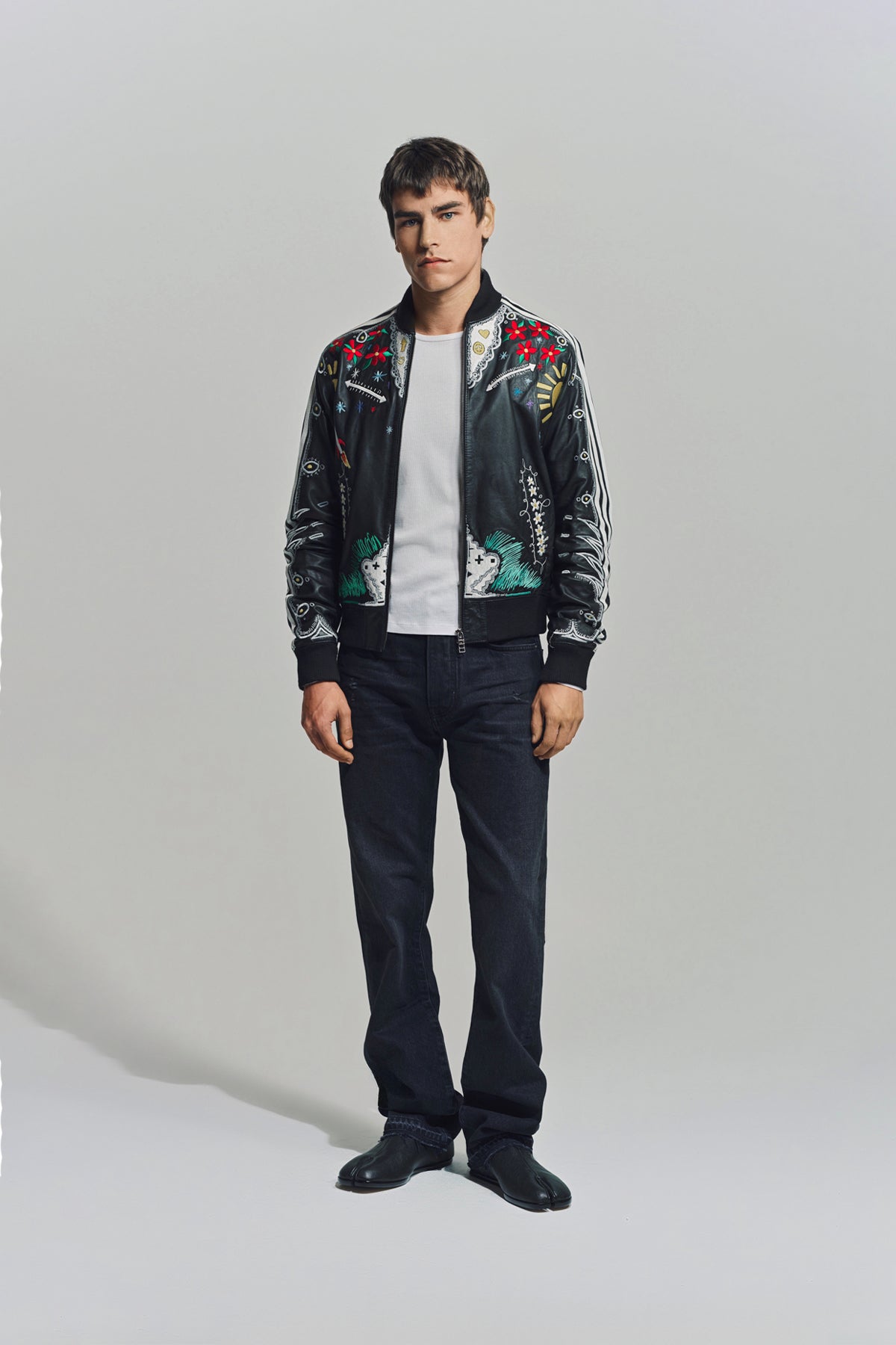 CACTUS PLANT FLEA MARKET x ADIDAS | 2000s CUSTOM EMBROIDERED BLACK LEATHER JACKET