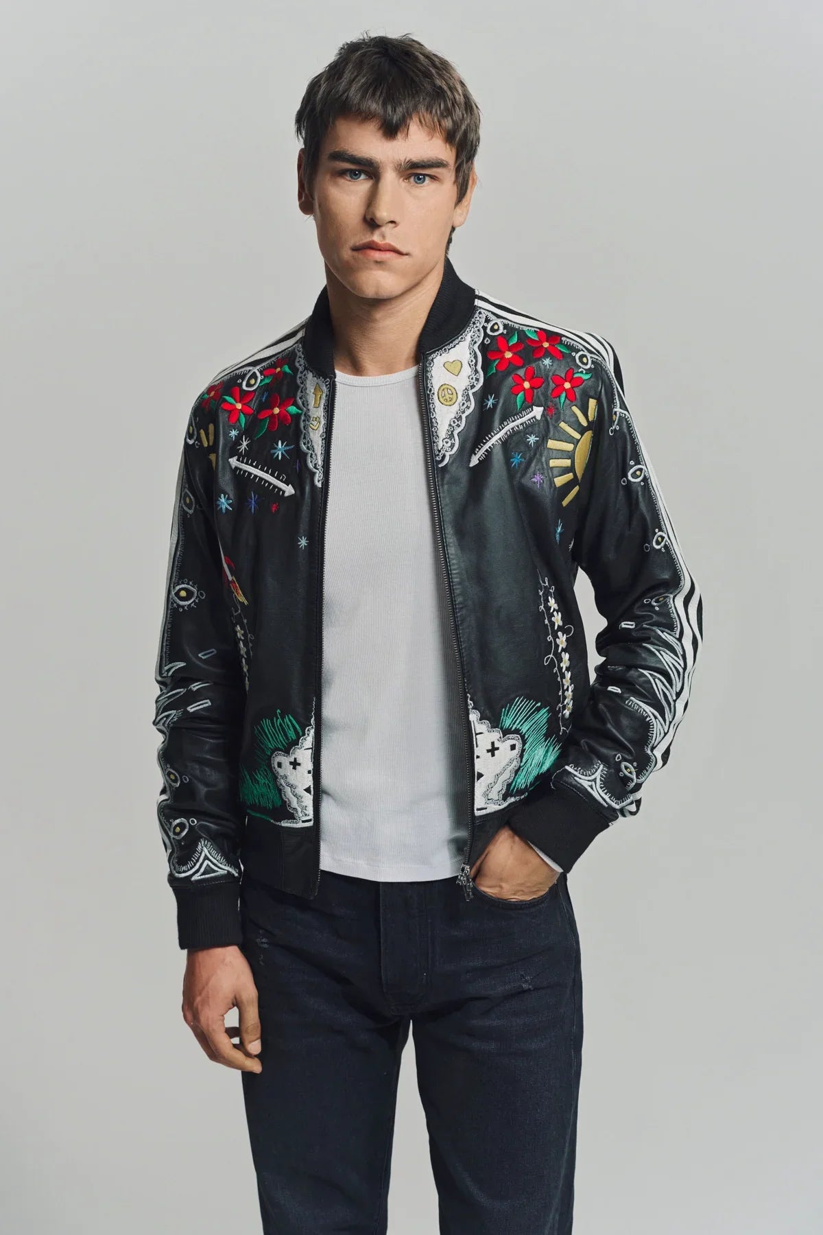 CACTUS PLANT FLEA MARKET x ADIDAS | 2000s CUSTOM EMBROIDERED BLACK LEATHER JACKET