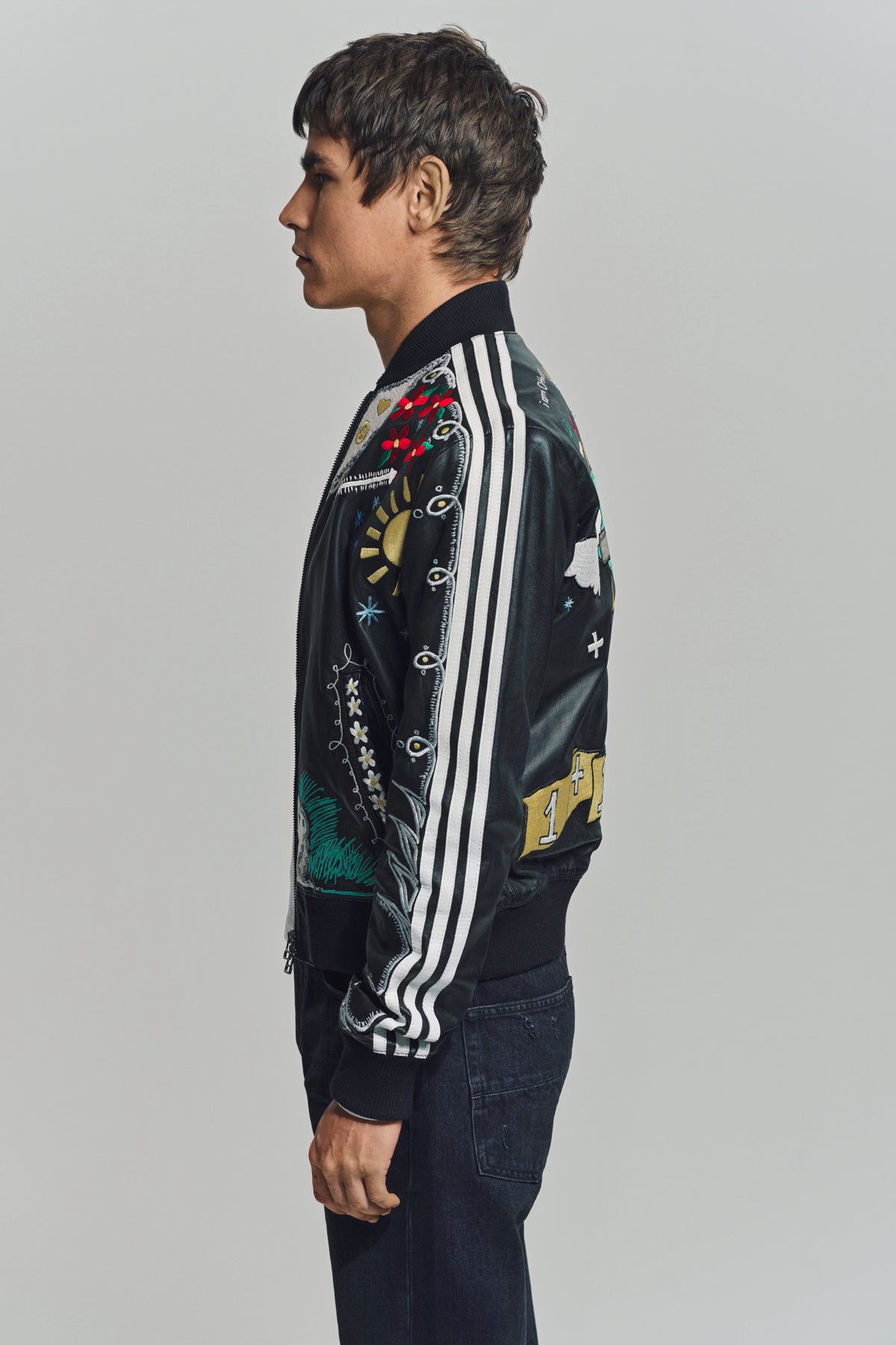 CACTUS PLANT FLEA MARKET x ADIDAS | 2000s CUSTOM EMBROIDERED BLACK LEATHER JACKET