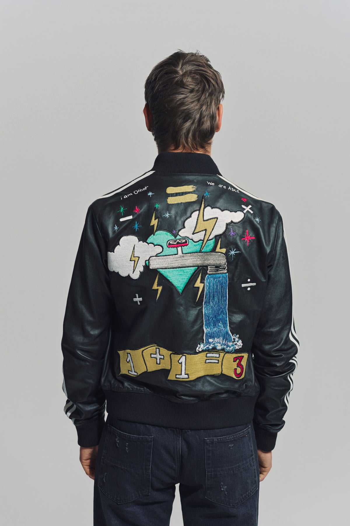 CACTUS PLANT FLEA MARKET x ADIDAS | 2000s CUSTOM EMBROIDERED BLACK LEATHER JACKET