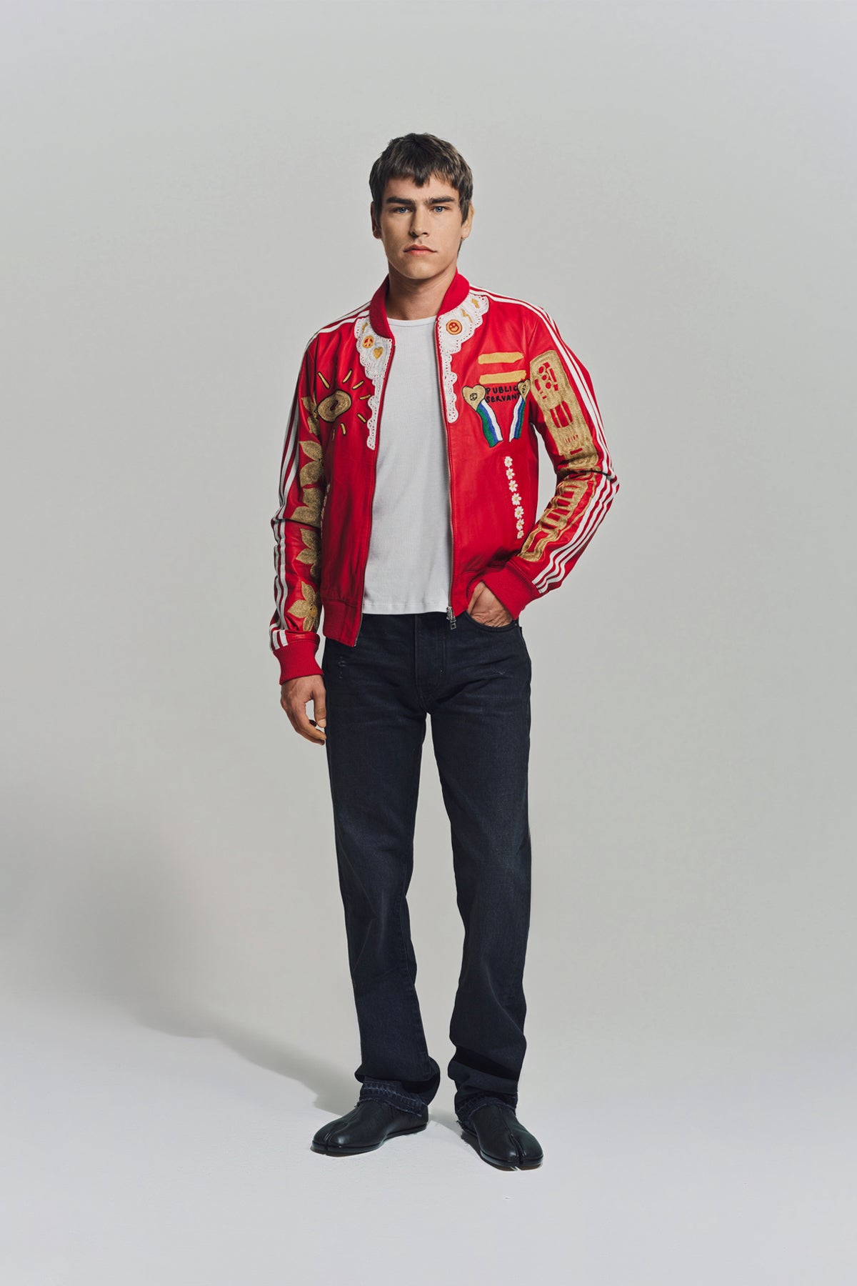 CACTUS PLANT FLEA MARKET x ADIDAS | 2000s CUSTOM EMBROIDERED RED LEATHER JACKET