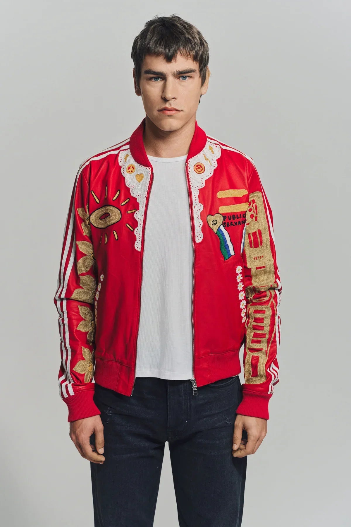 CACTUS PLANT FLEA MARKET x ADIDAS | 2000s CUSTOM EMBROIDERED RED LEATHER JACKET