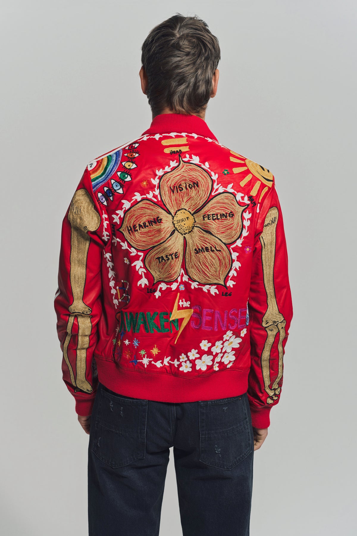 CACTUS PLANT FLEA MARKET x ADIDAS | 2000s CUSTOM EMBROIDERED RED LEATHER JACKET