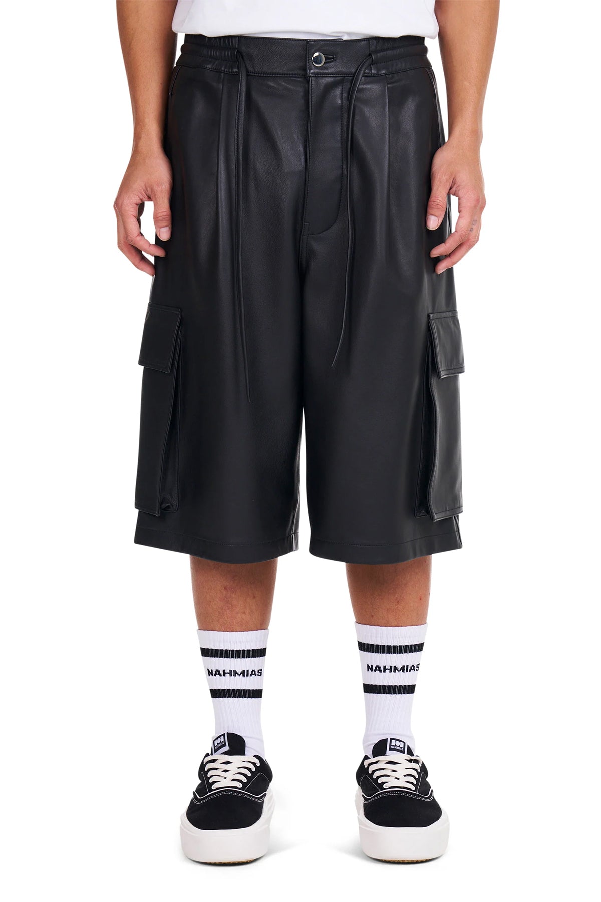 NAHMIAS | LEATHER PLEATED CARGO SHORTS