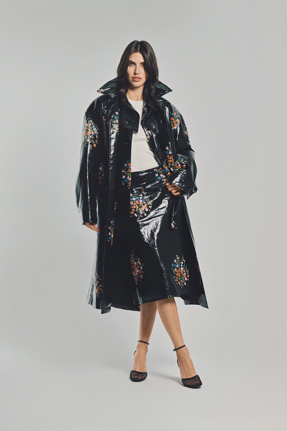 JIL SANDER | PATENT LINEN PRINTED TRENCH COAT