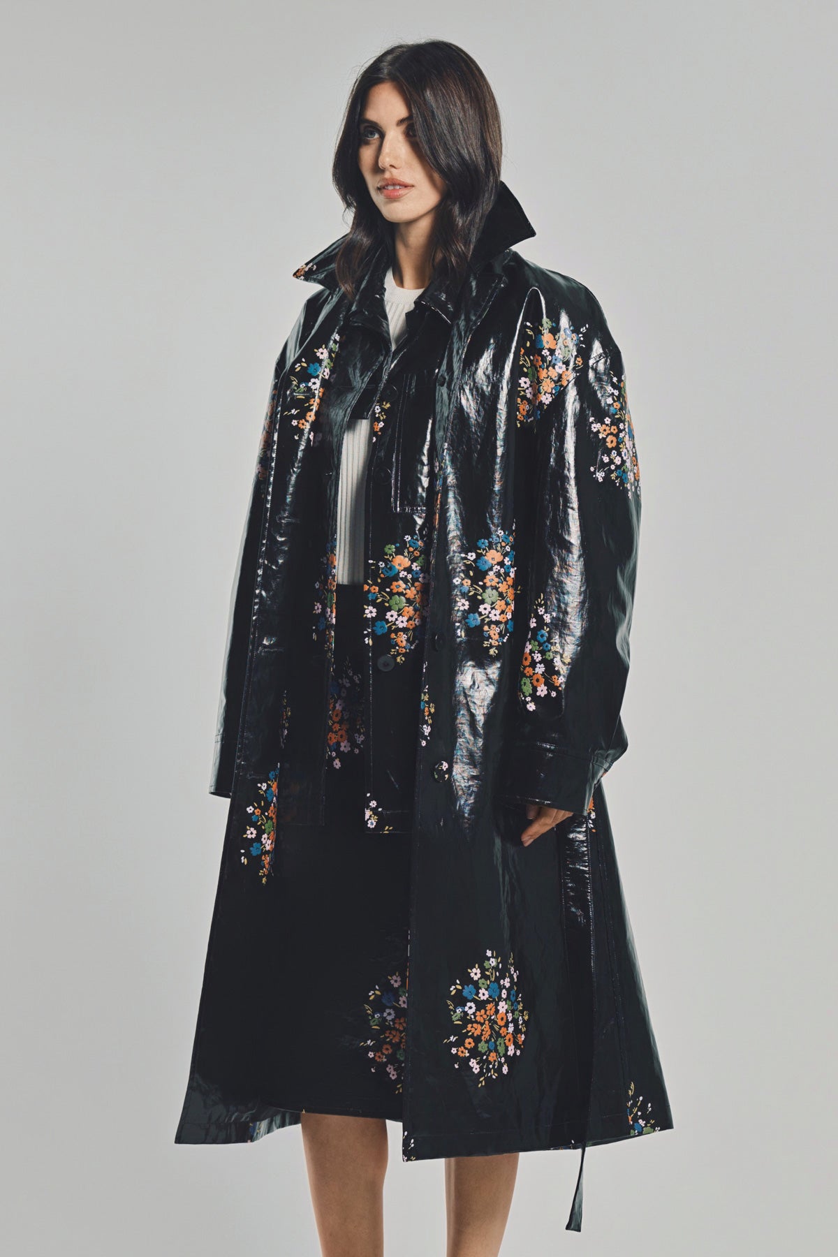 JIL SANDER | PATENT LINEN PRINTED TRENCH COAT