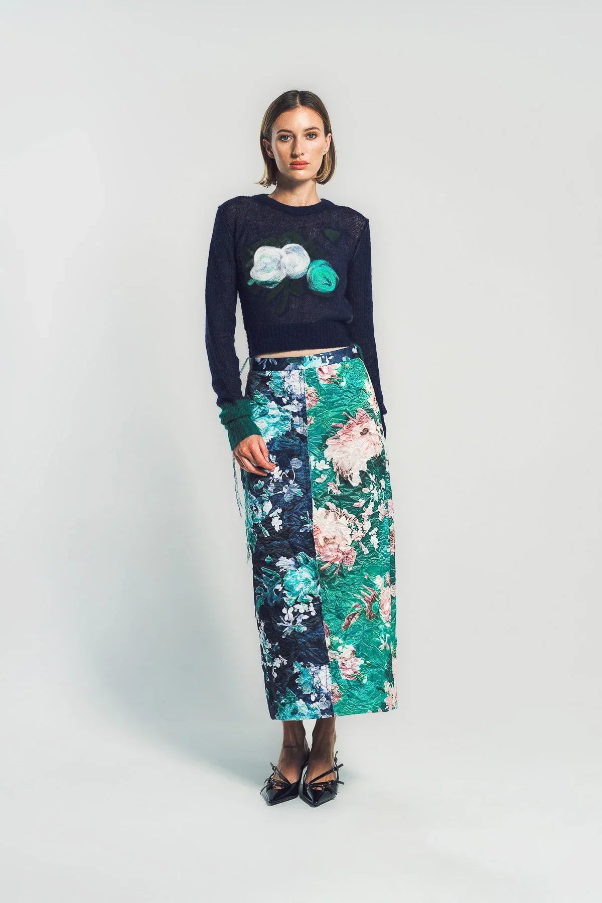 ERDEM | FLORAL PRINT TEXTURED SATIN PENCIL SKIRT