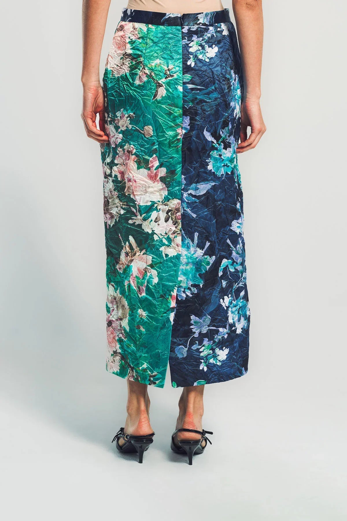 ERDEM | FLORAL PRINT TEXTURED SATIN PENCIL SKIRT