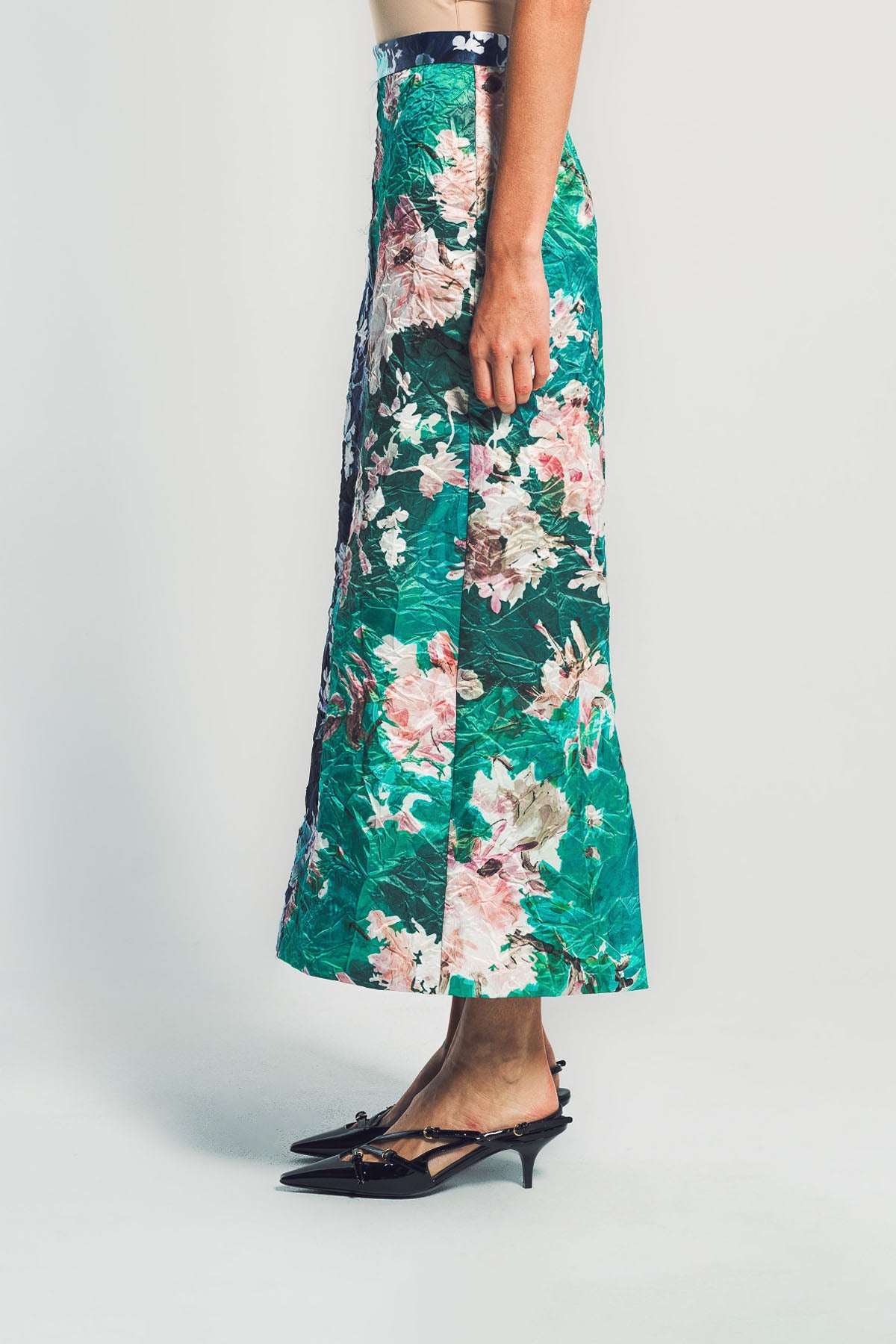 ERDEM | FLORAL PRINT TEXTURED SATIN PENCIL SKIRT
