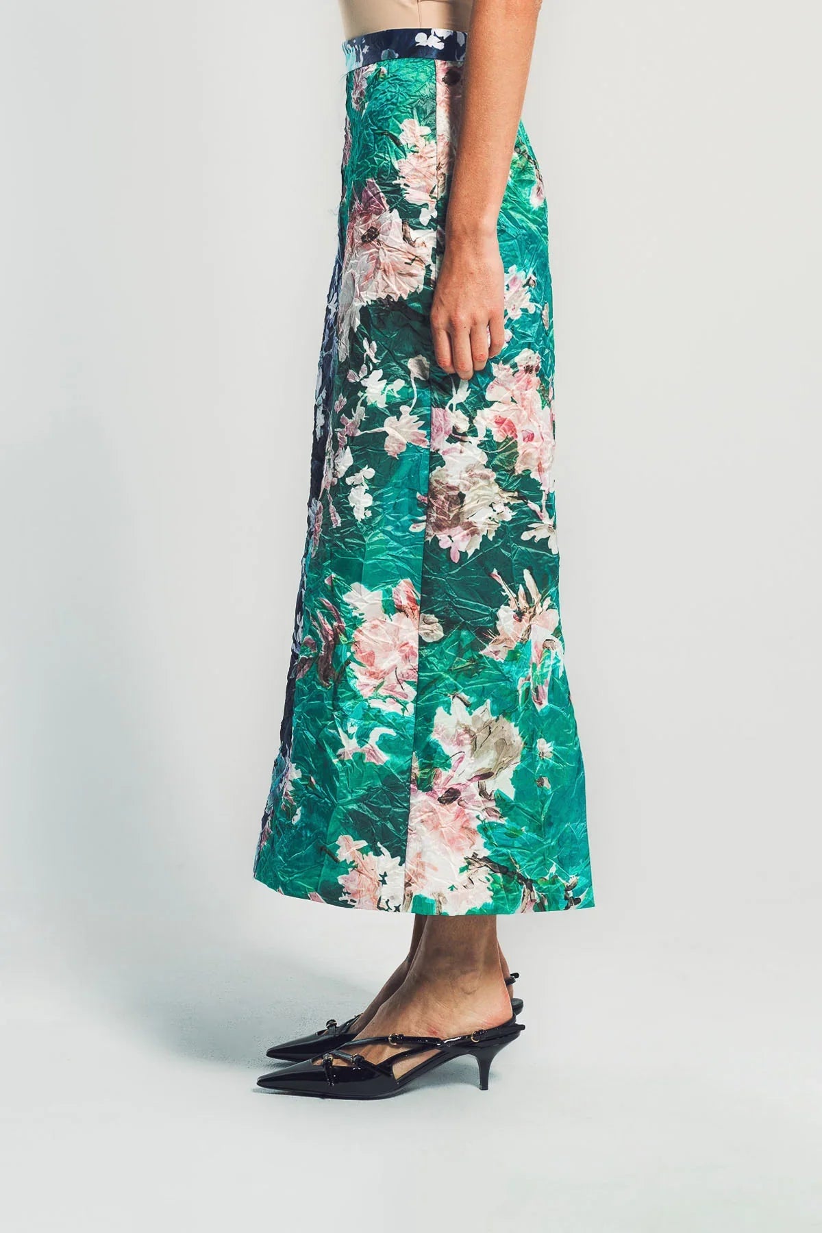 ERDEM | FLORAL PRINT TEXTURED SATIN PENCIL SKIRT