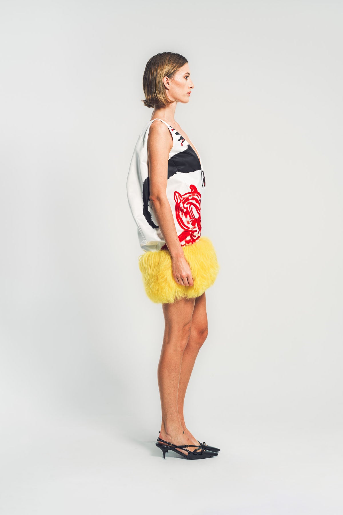 MARNI | WHITE SATIN MINI DRESS WITH FUR HEM