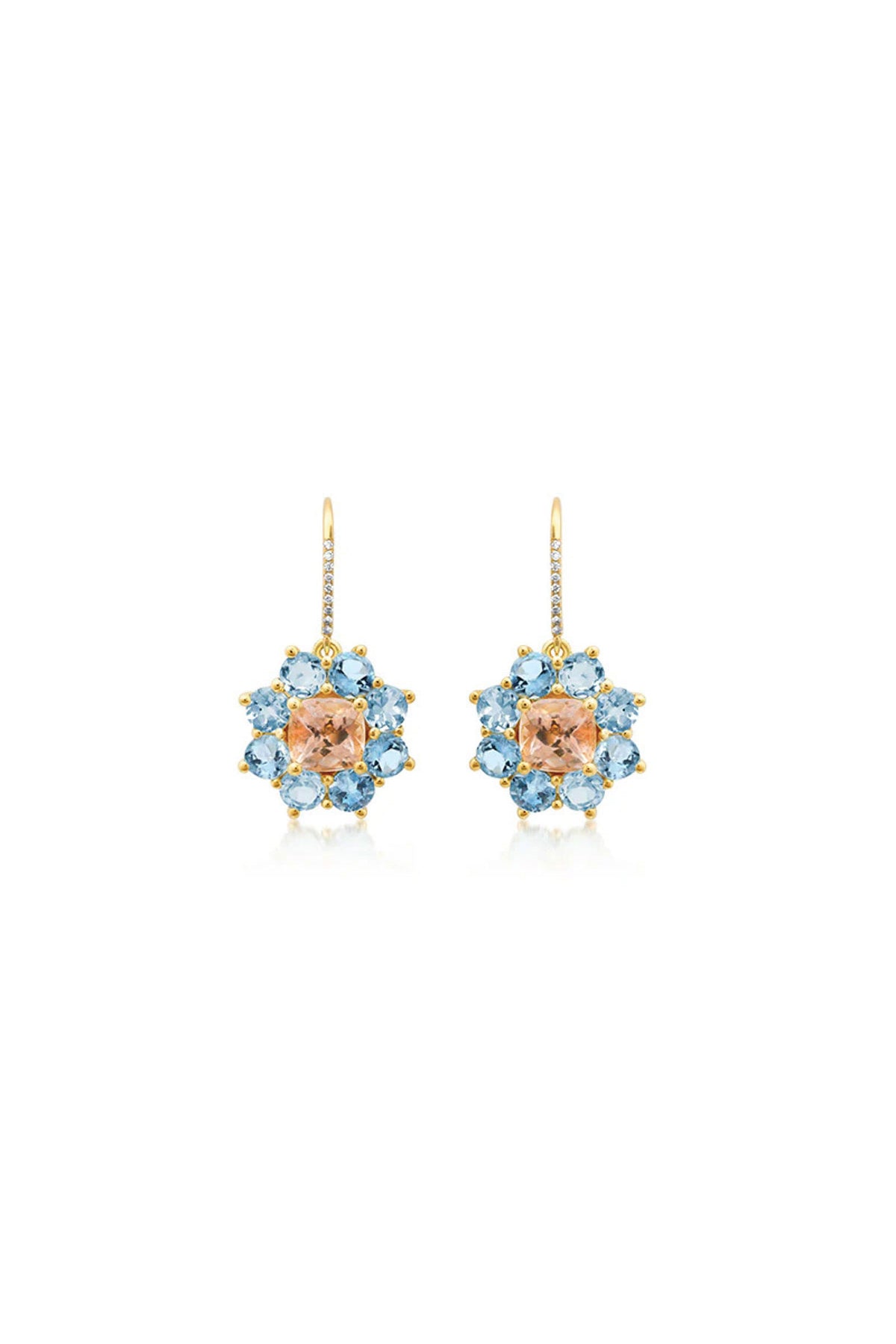 JENNIFER MEYER | PETITE STATEMENT AQUAMARINE FLOWER DROP EARRINGS WITH MORGANITE CENTER - MAXFIELD LA
