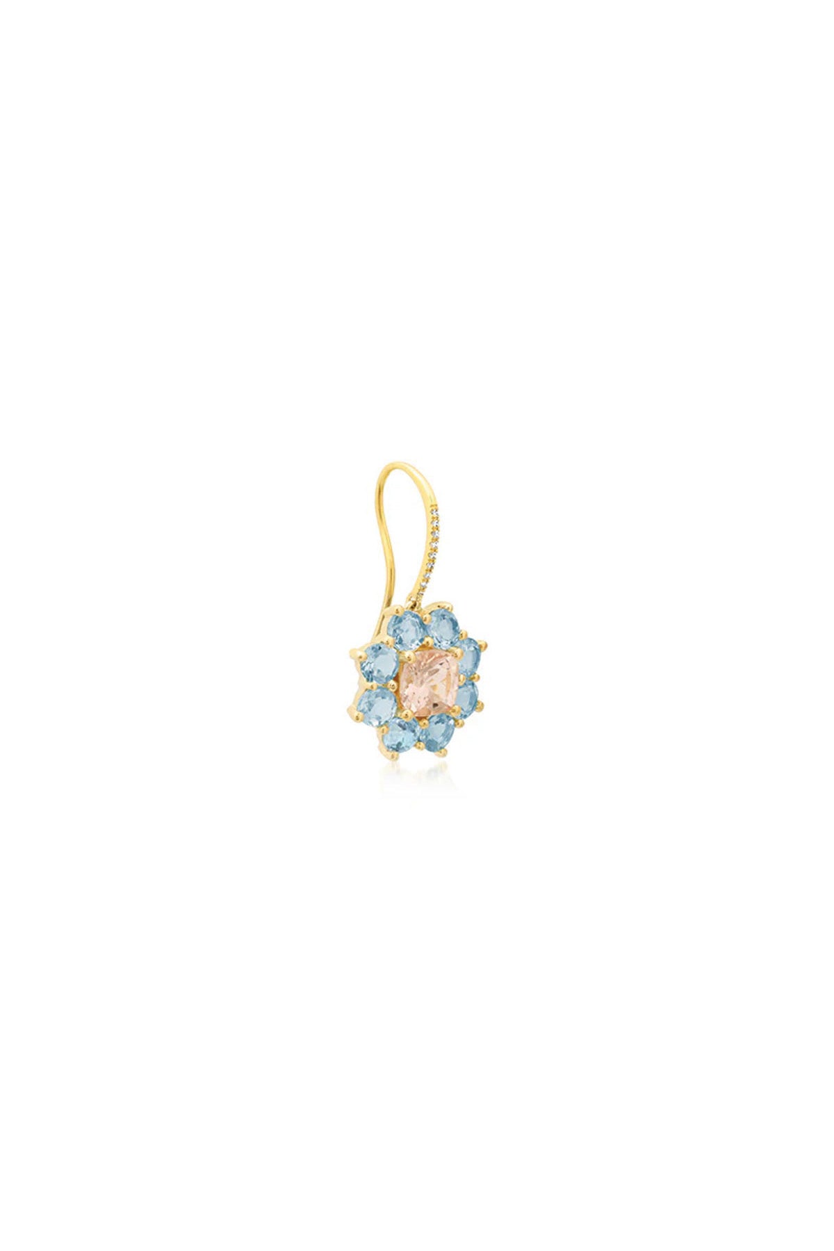 JENNIFER MEYER | PETITE STATEMENT AQUAMARINE FLOWER DROP EARRINGS WITH MORGANITE CENTER - MAXFIELD LA