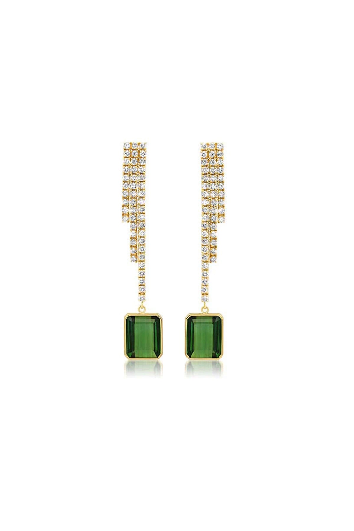 JENNIFER MEYER | ONE-OF-A-KIND CASCADING 4-PRONG DIAMOND TENNIS STUDS WITH EMERALD-CUT GREEN TOURMALINE ACCENT