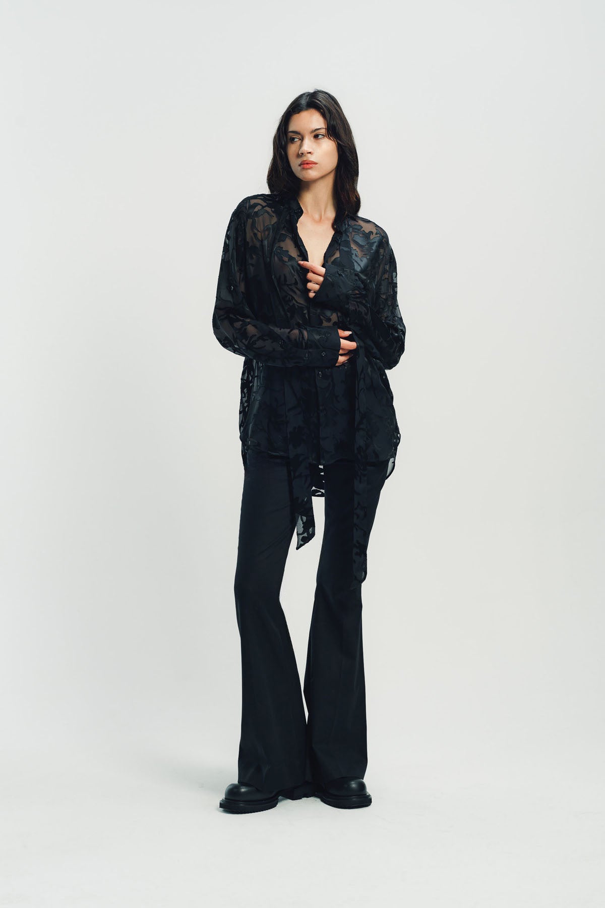 ANN DEMEULEMEESTER | DIEN STANDARD COLLAR LONG SHIRT WITH FOULARD