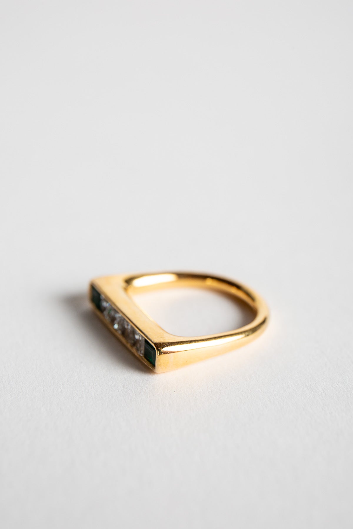 ADI HANDMADE | YELLOW GOLD, DIAMOND, AND EMERALD BAR RING