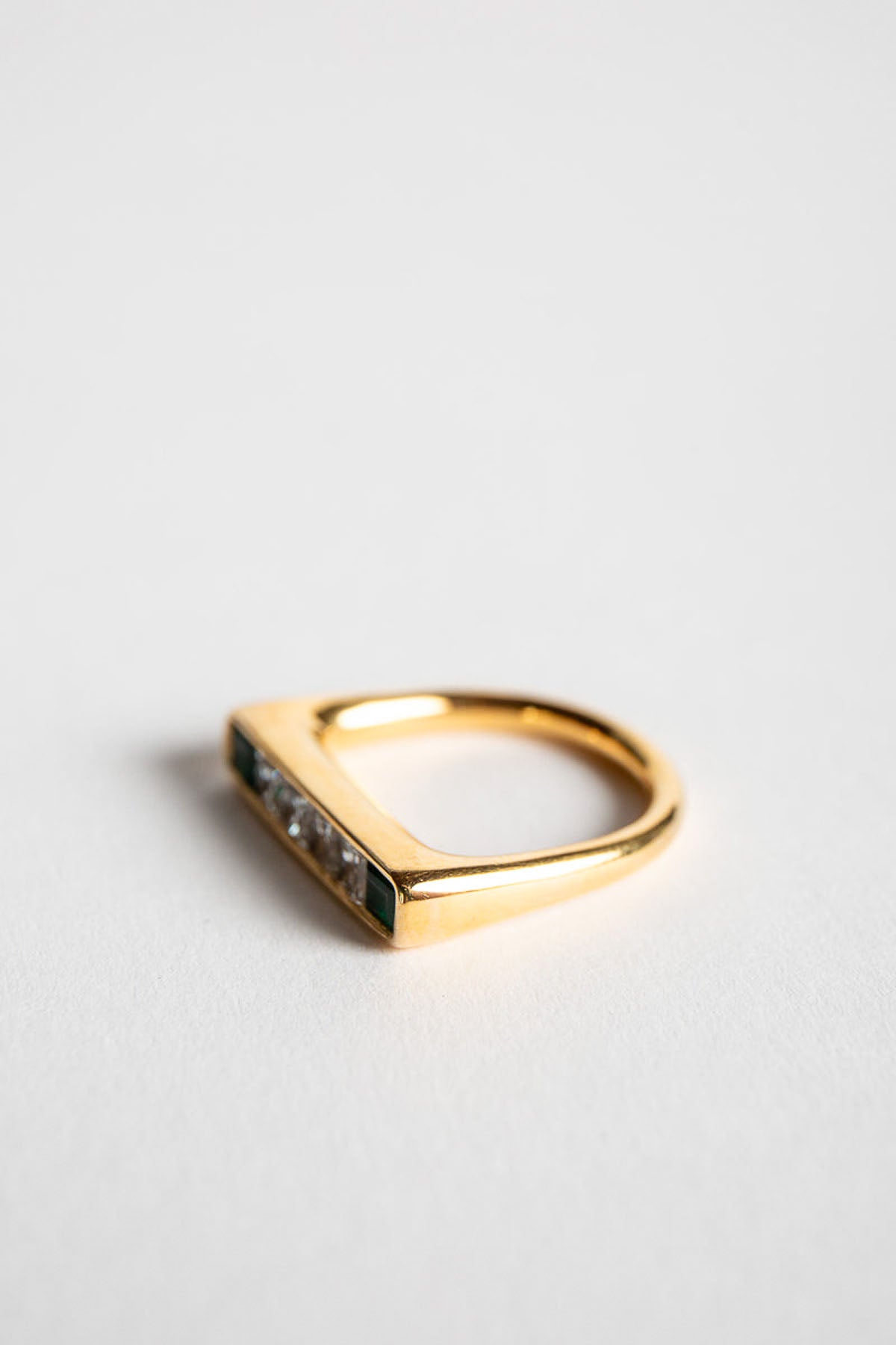 ADI HANDMADE | YELLOW GOLD, DIAMOND, AND EMERALD BAR RING