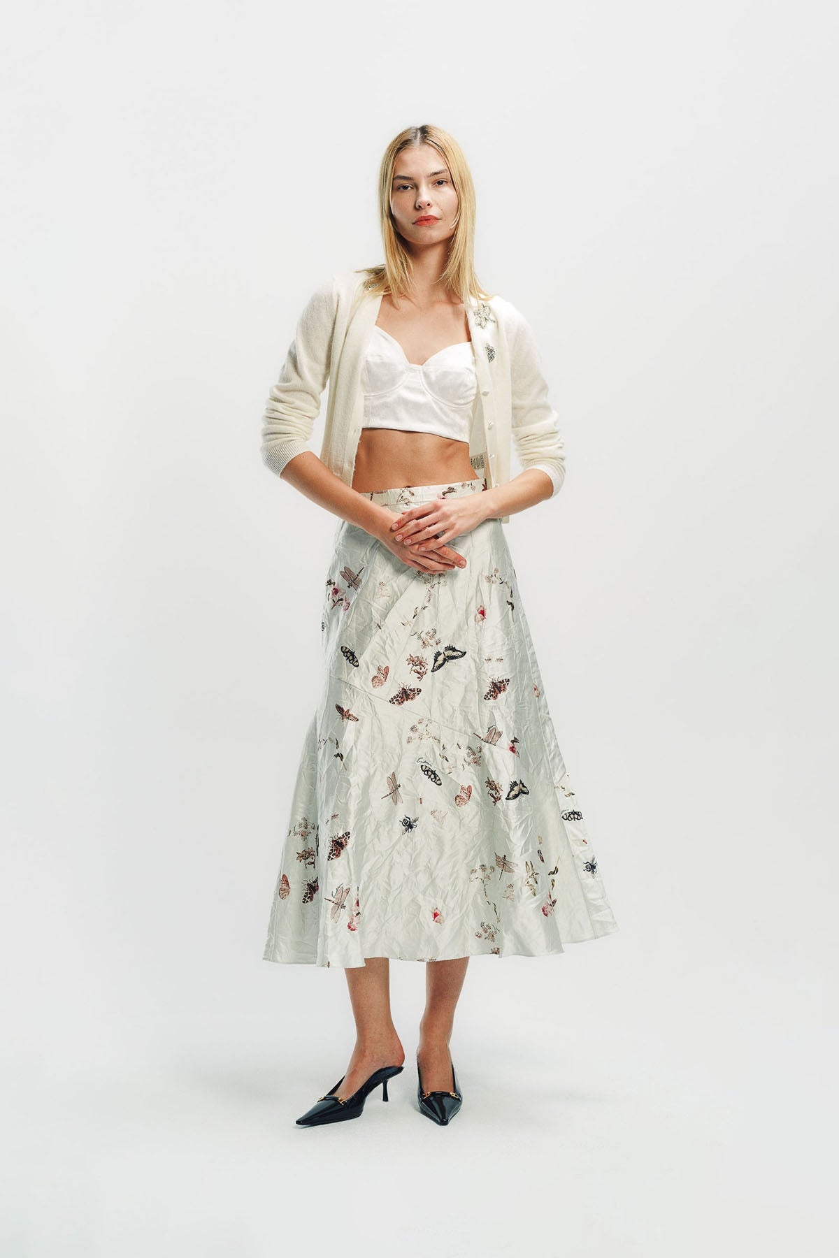 ERDEM | PRINTED TEXTURED SATIN A-LINE MIDI SKIRT