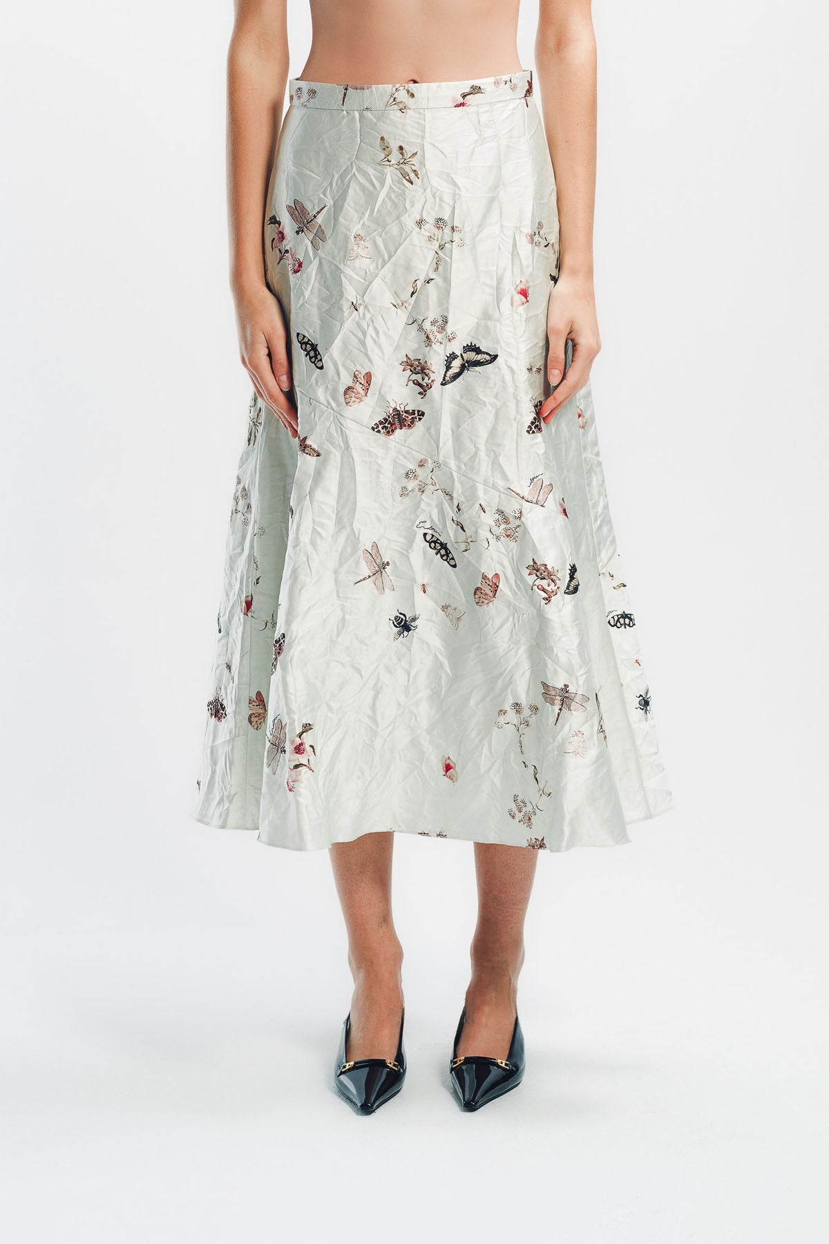 ERDEM | PRINTED TEXTURED SATIN A-LINE MIDI SKIRT