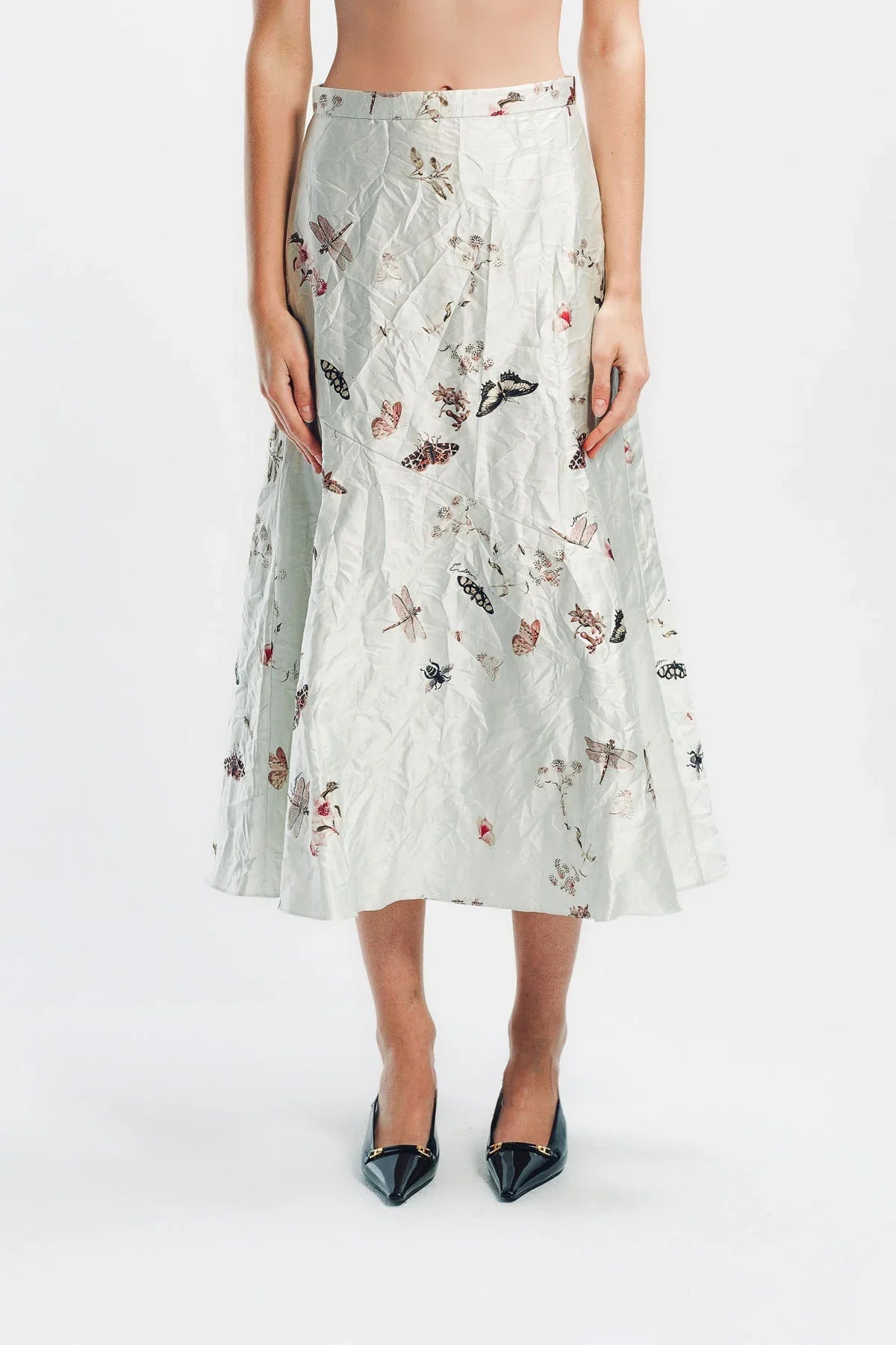 ERDEM | PRINTED TEXTURED SATIN A-LINE MIDI SKIRT