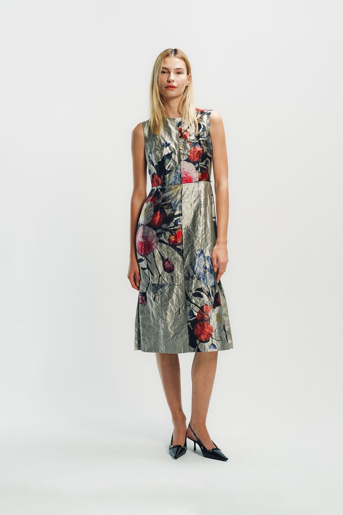 ERDEM | FLORAL PRINT TEXTURED SATIN SLEEVELESS MIDI DRESS