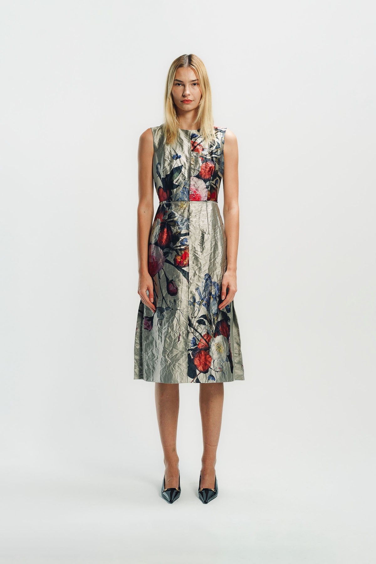 ERDEM | FLORAL PRINT TEXTURED SATIN SLEEVELESS MIDI DRESS