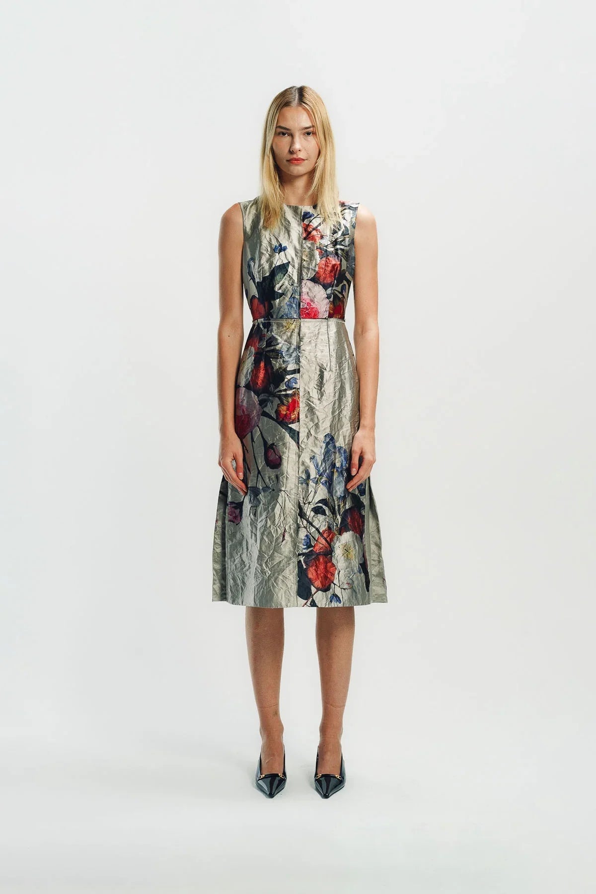 ERDEM | FLORAL PRINT TEXTURED SATIN SLEEVELESS MIDI DRESS