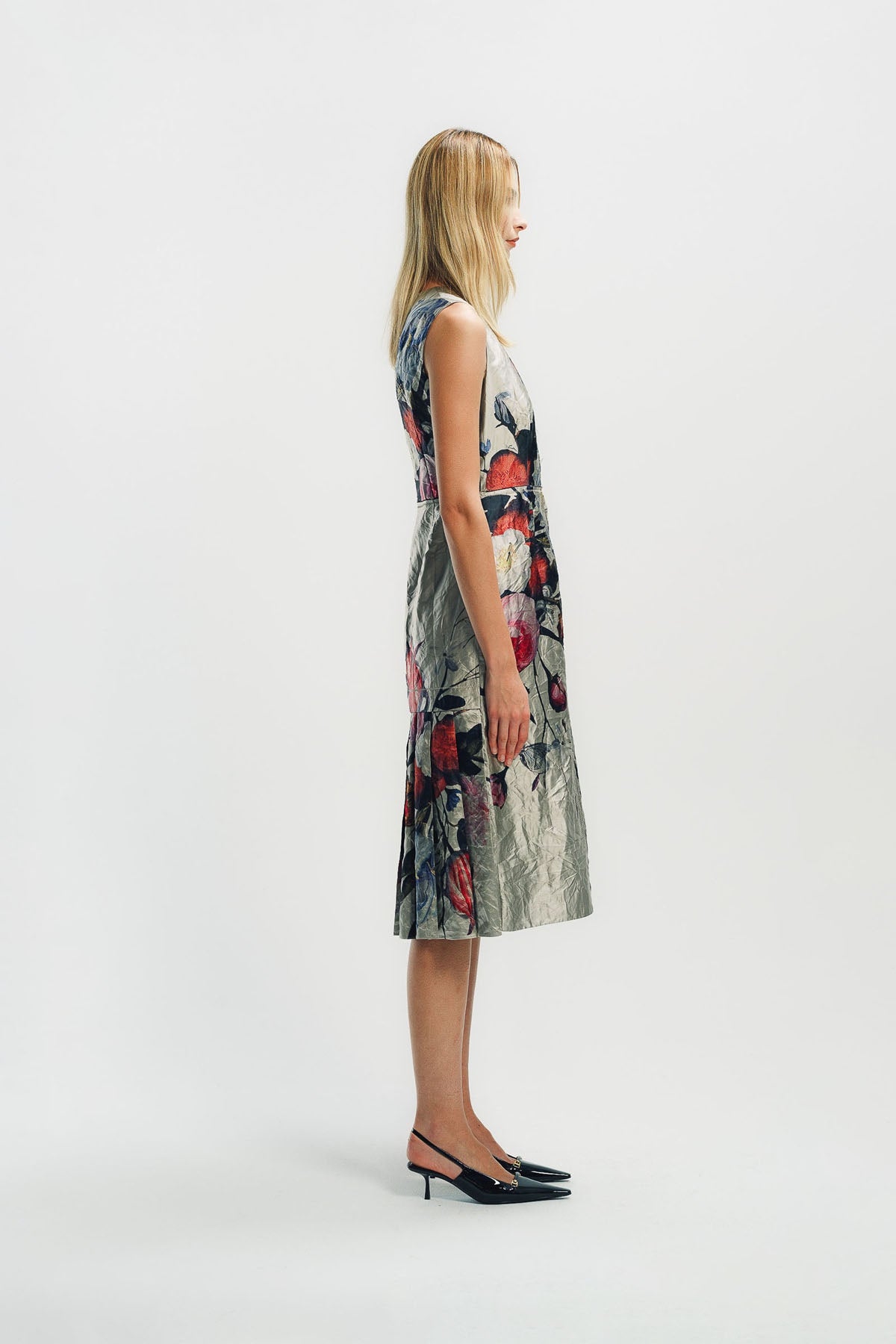 ERDEM | FLORAL PRINT TEXTURED SATIN SLEEVELESS MIDI DRESS
