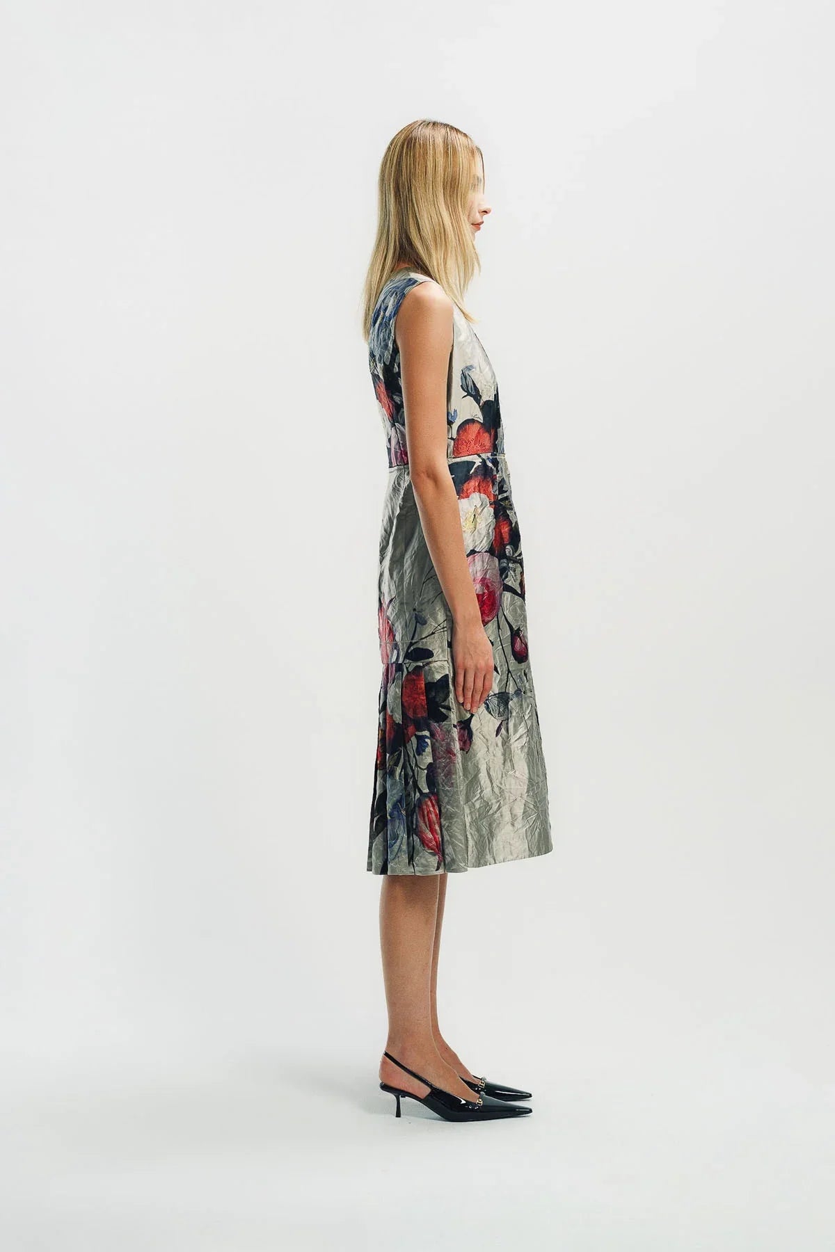 ERDEM | FLORAL PRINT TEXTURED SATIN SLEEVELESS MIDI DRESS