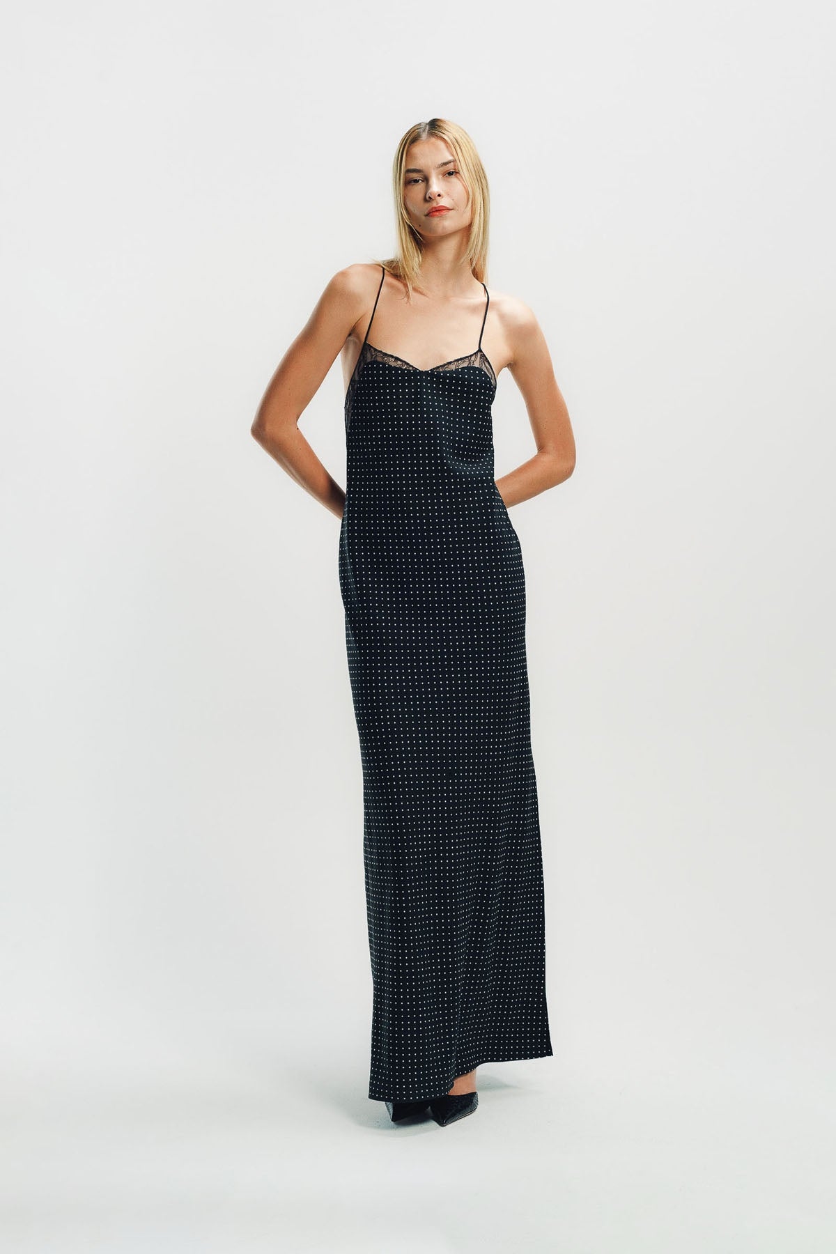 TOM FORD | POLKA DOT SILK CREPE CAMISOLE EVENING DRESS WITH LACE DETAIL