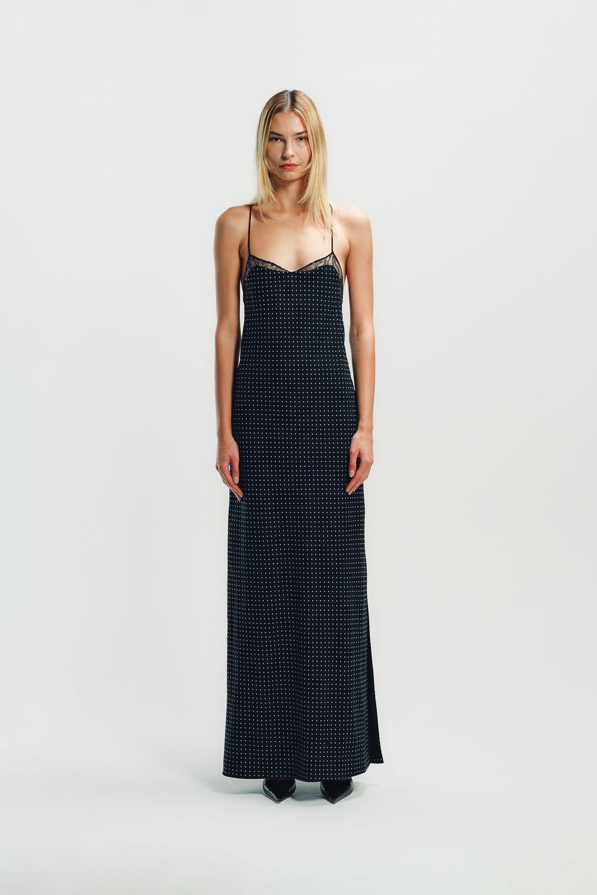 TOM FORD | POLKA DOT SILK CREPE CAMISOLE EVENING DRESS WITH LACE DETAIL