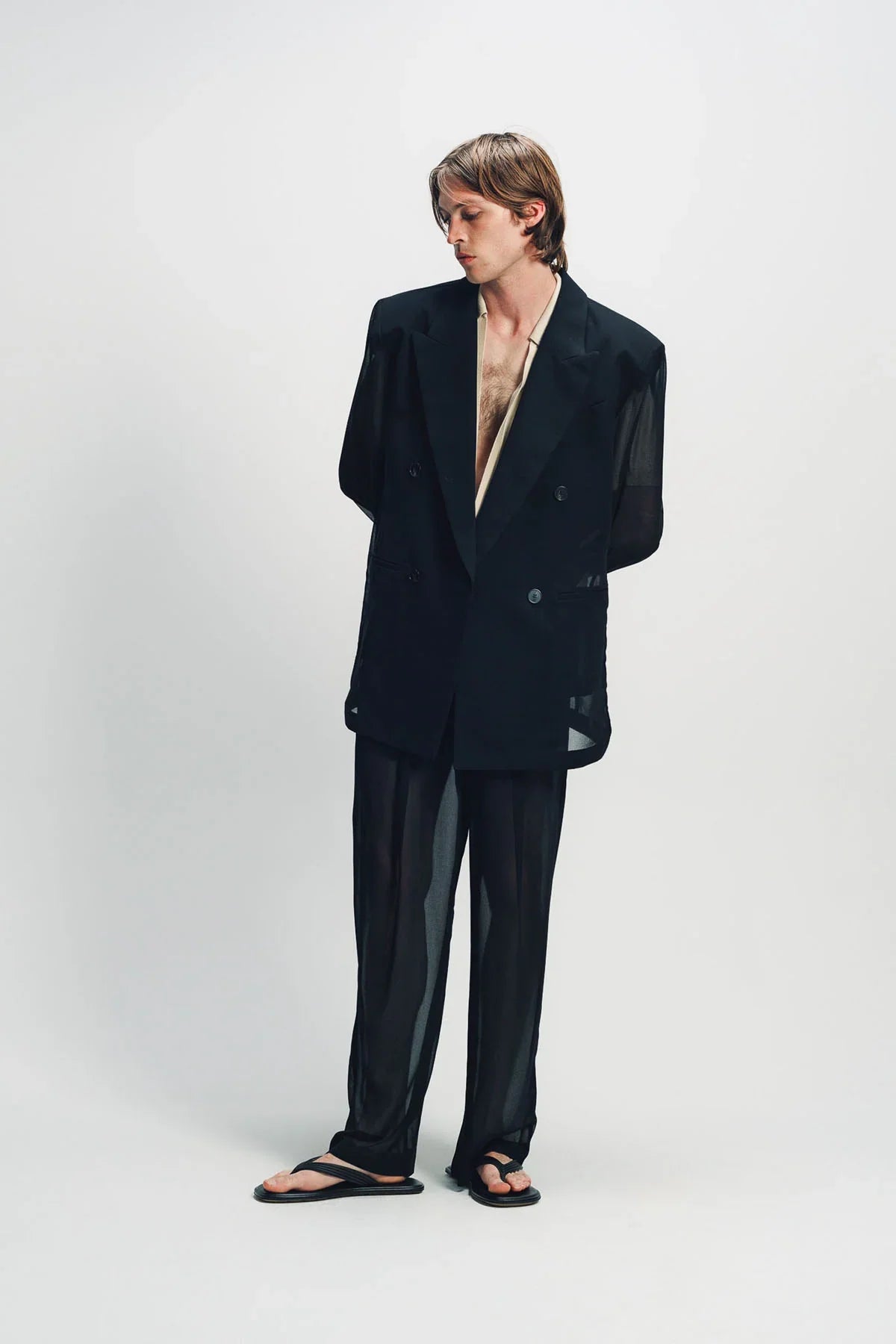 LOUIS GABRIEL NOUCHI | LARGE TRANSPARENT BLACK CHIFFON JOGGERS