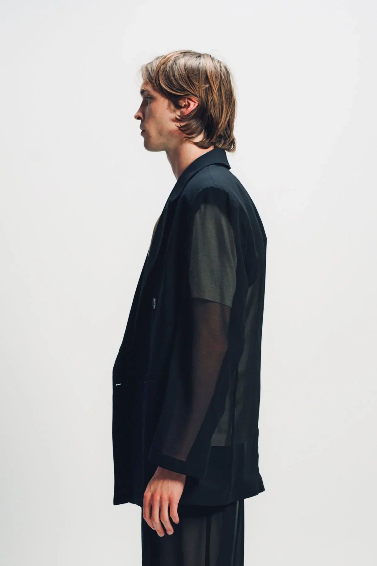 LOUIS GABRIEL NOUCHI | BLACK SHEER FOUR-BUTTON DOUBLE-BREASTED JACKET