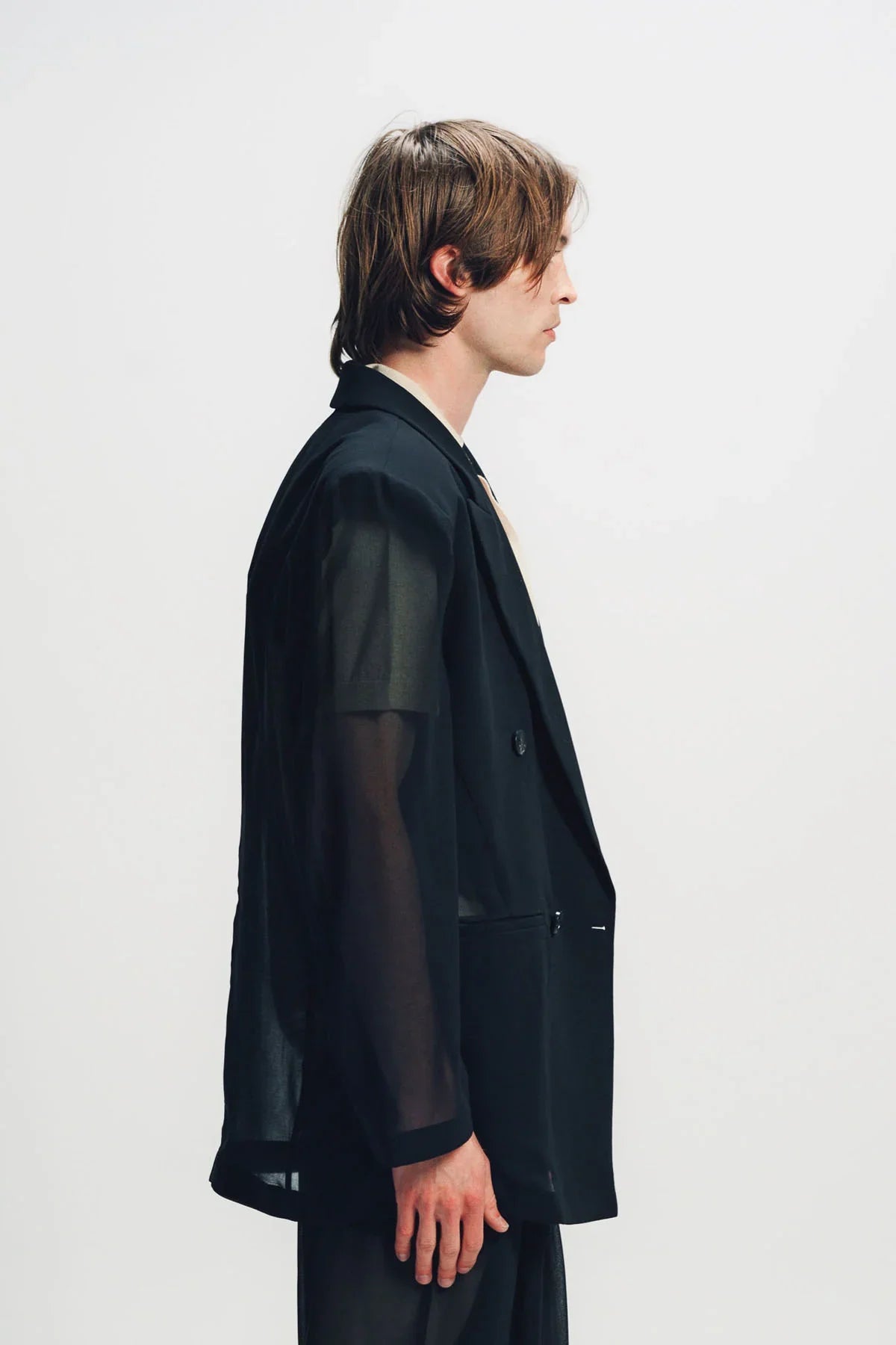 LOUIS GABRIEL NOUCHI | BLACK SHEER FOUR-BUTTON DOUBLE-BREASTED JACKET