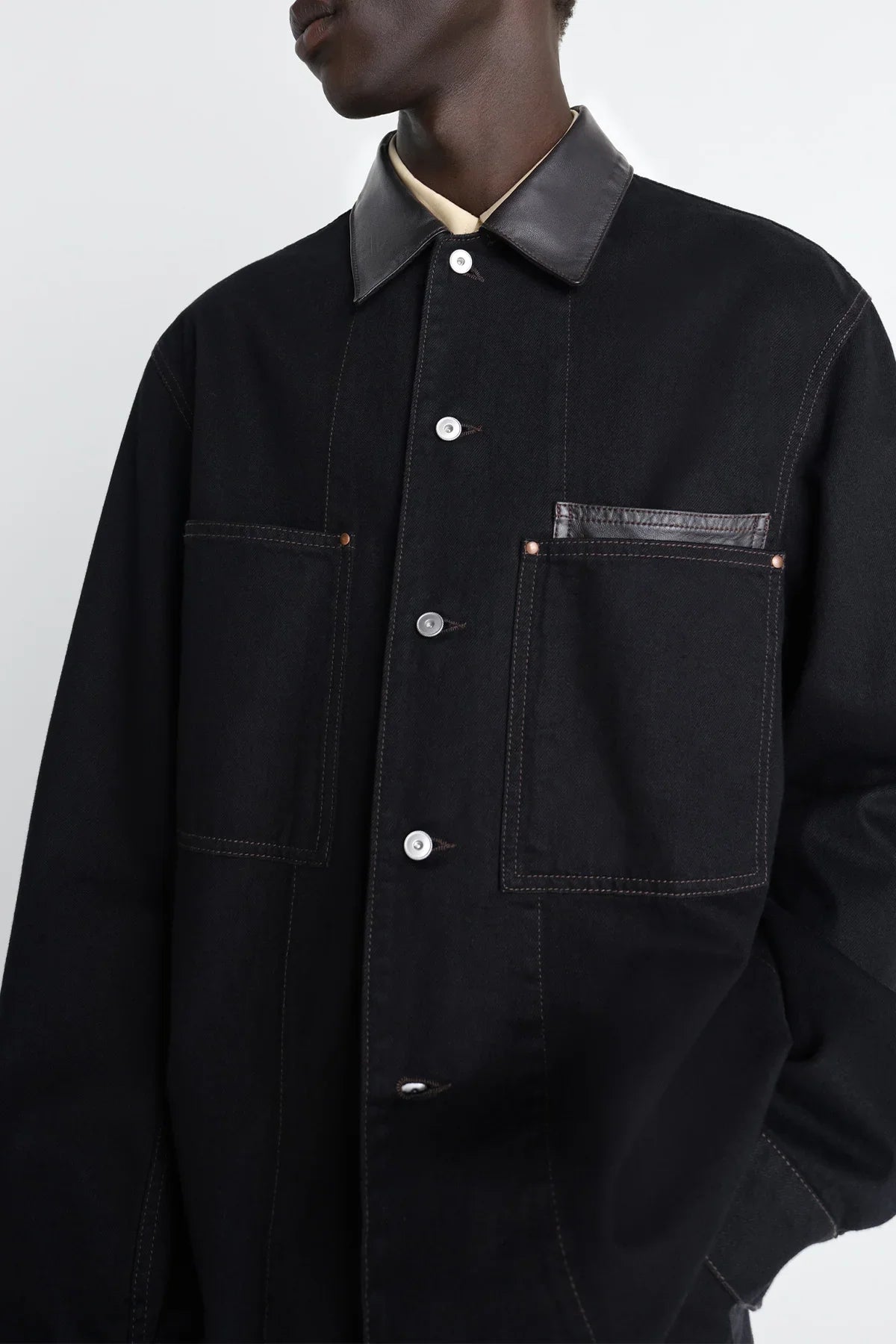 LEMAIRE | WORKWEAR OVERSHIRT WITH LEATHER COLLAR