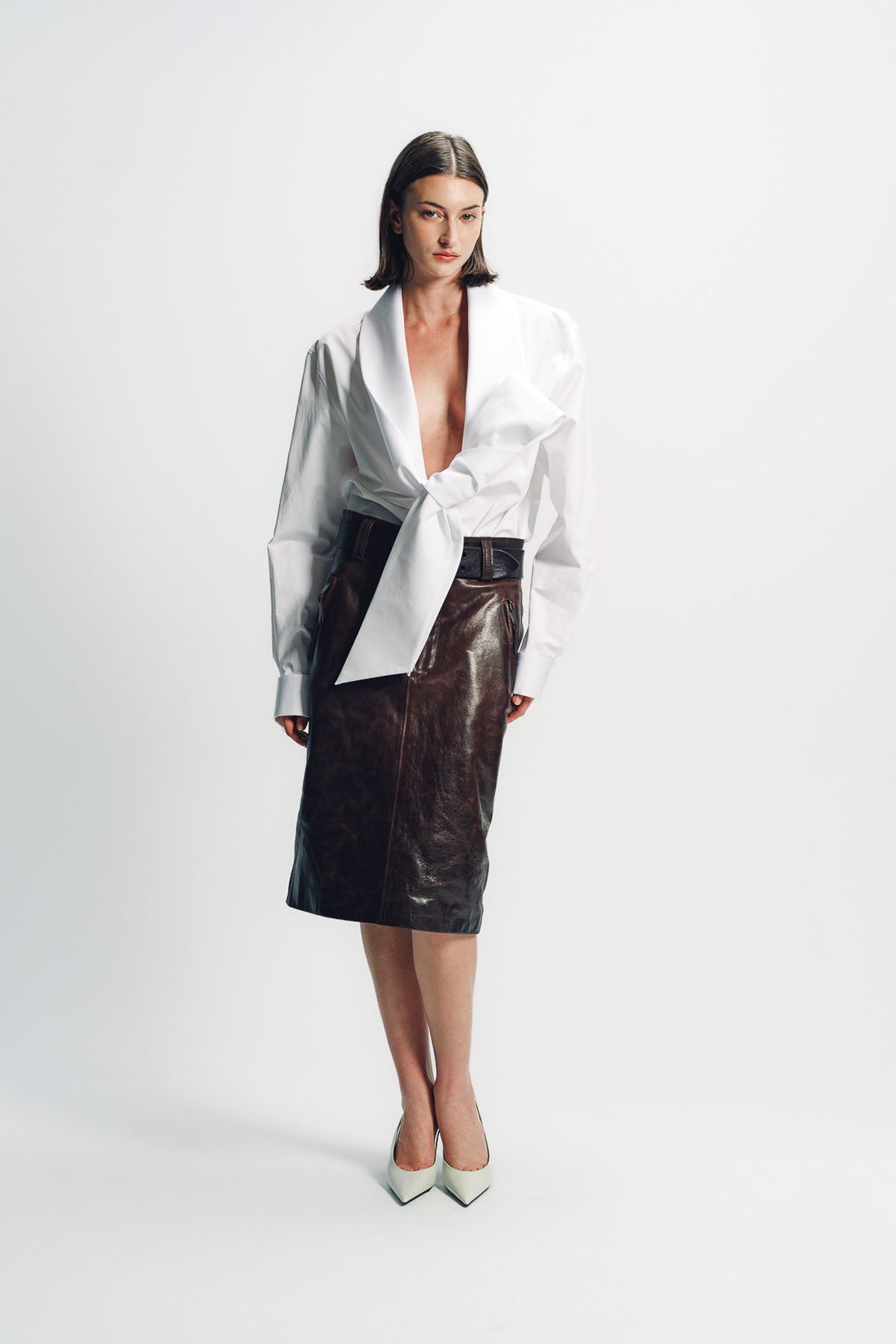 SAINT LAURENT | BELTED PENCIL SKIRT IN CREASED LEATHER