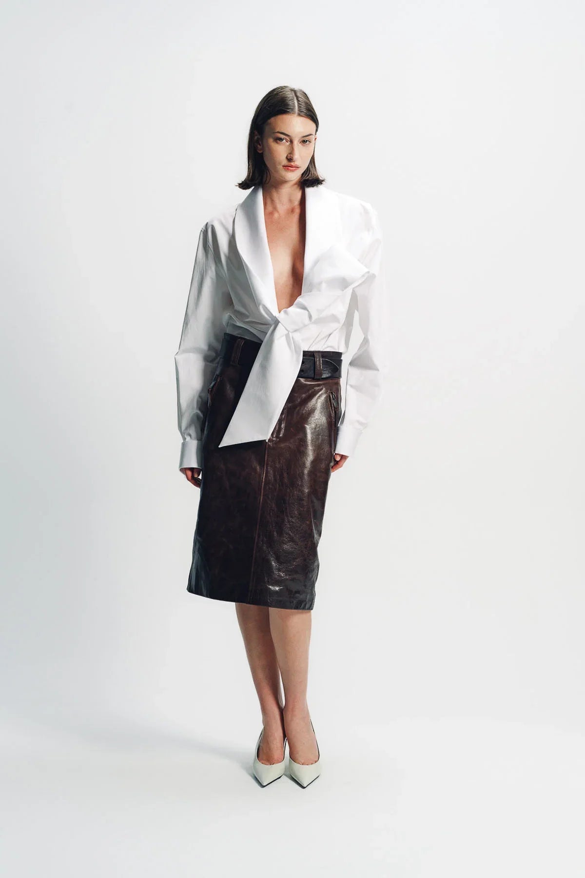 SAINT LAURENT | BELTED PENCIL SKIRT IN CREASED LEATHER