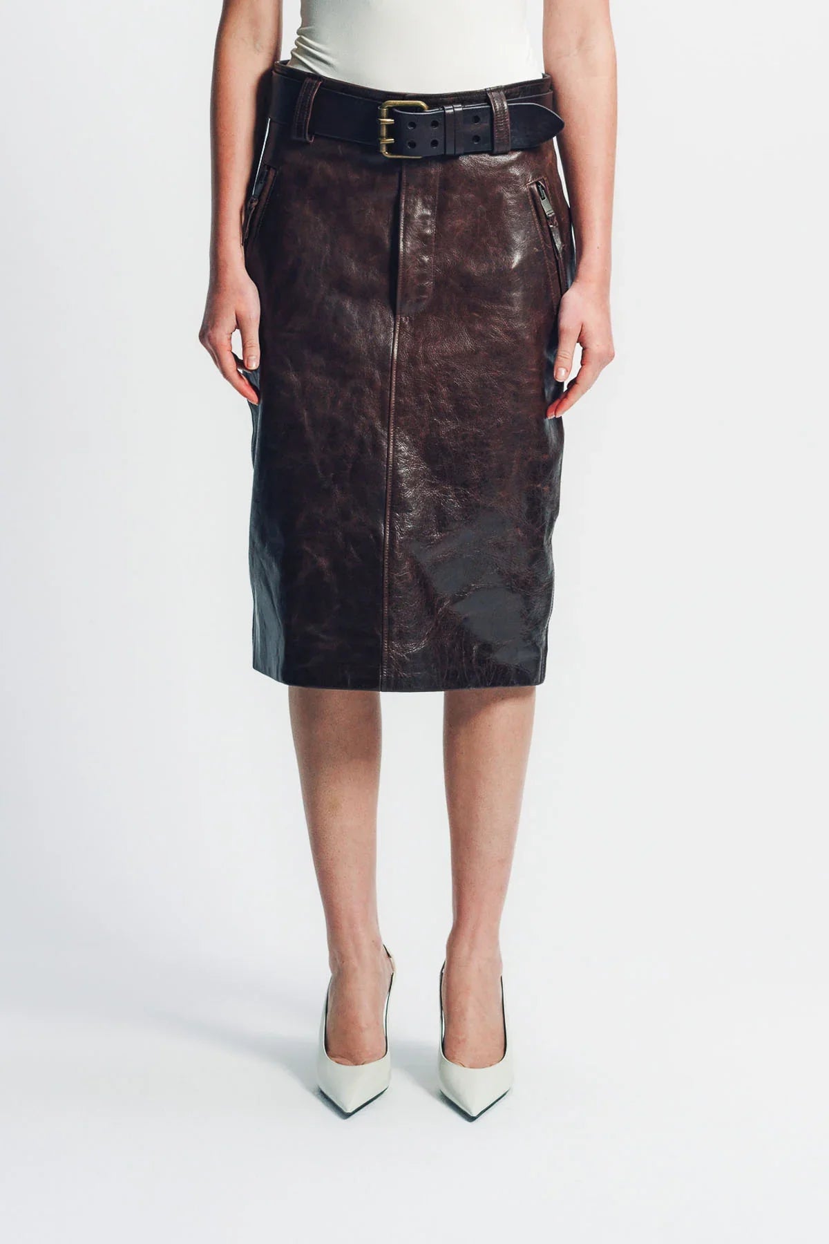 SAINT LAURENT | BELTED PENCIL SKIRT IN CREASED LEATHER