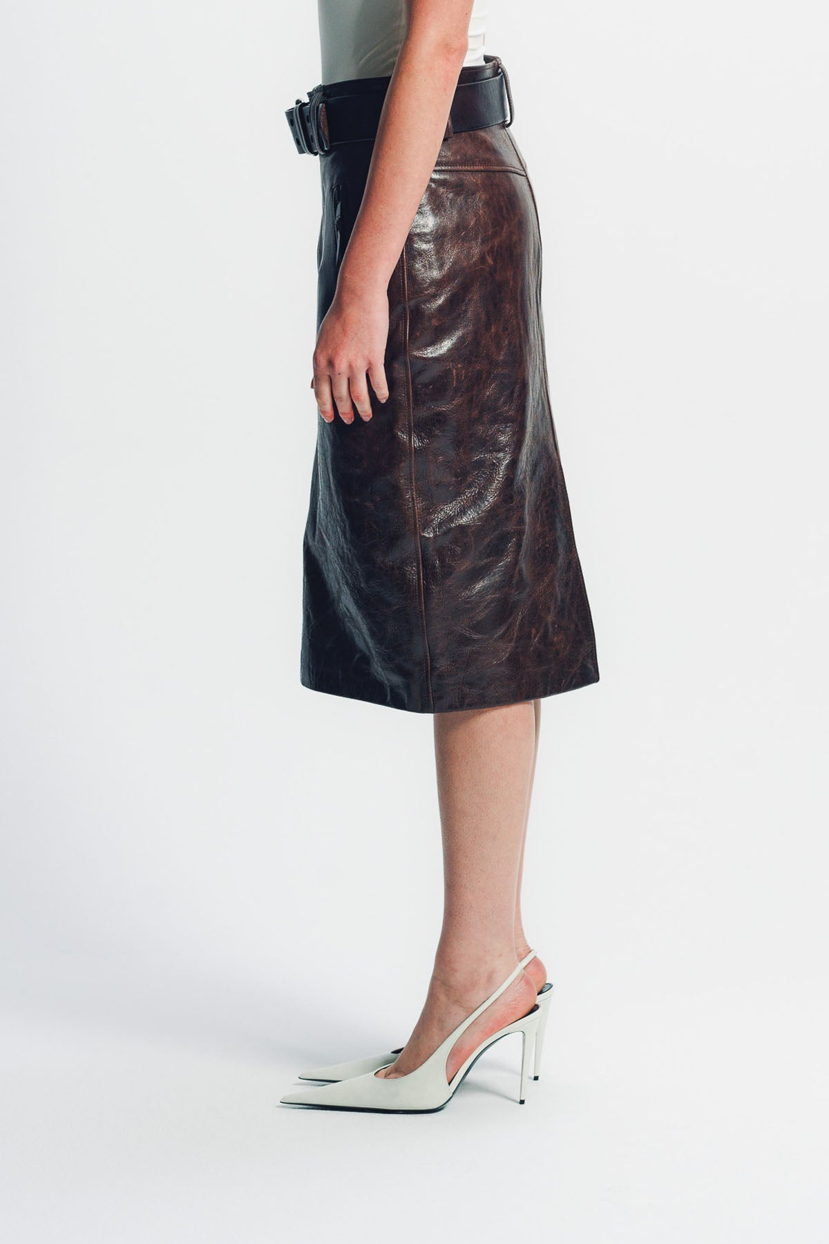 SAINT LAURENT | BELTED PENCIL SKIRT IN CREASED LEATHER