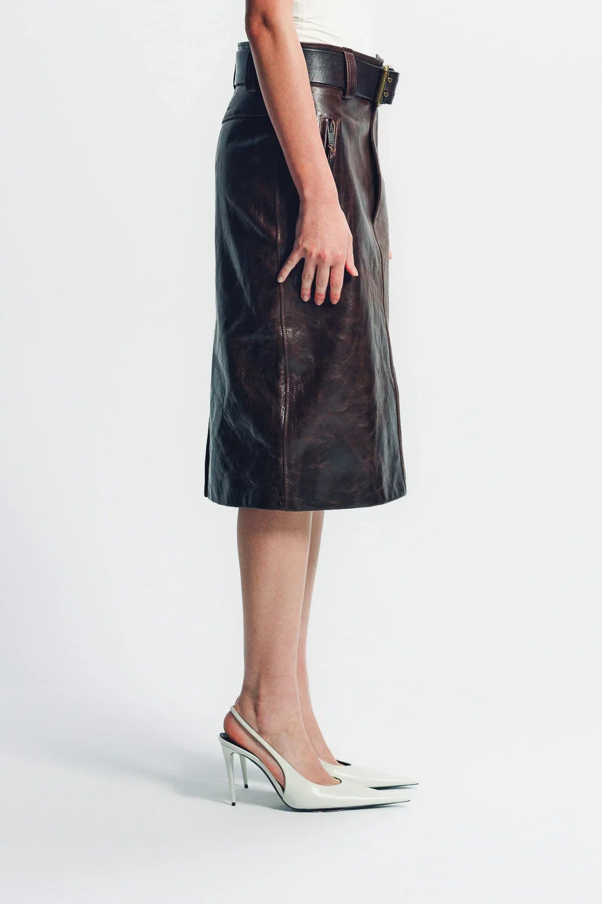 SAINT LAURENT | BELTED PENCIL SKIRT IN CREASED LEATHER
