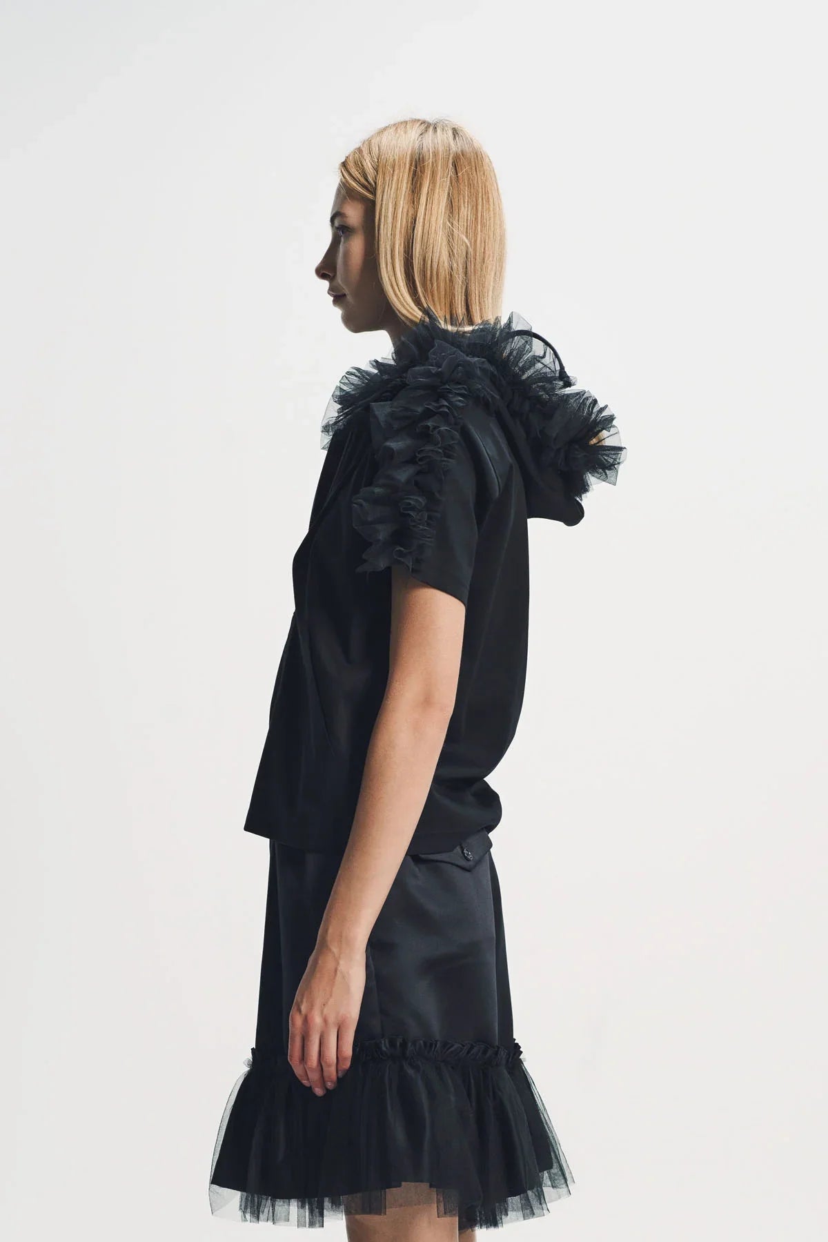 Noir Kei Ninomiya | Zip Tulle Short Sleeve Hoodie