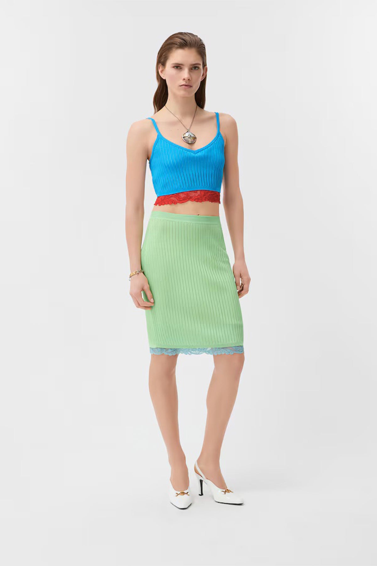 VERSACE | Lace-Trim Viscose-Blend Ribbed Knit Midi Skirt